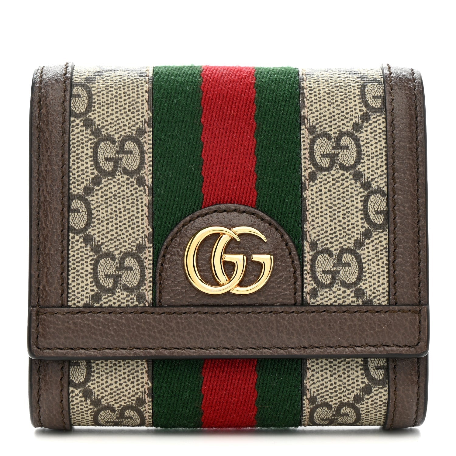 GG Supreme Monogram Textured Calfskin Web Ophidia Card Case Wallet Beige Ebony New Acero