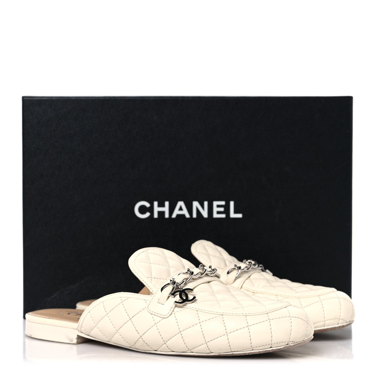 Lambskin Quilted Chain CC Mules 38 White