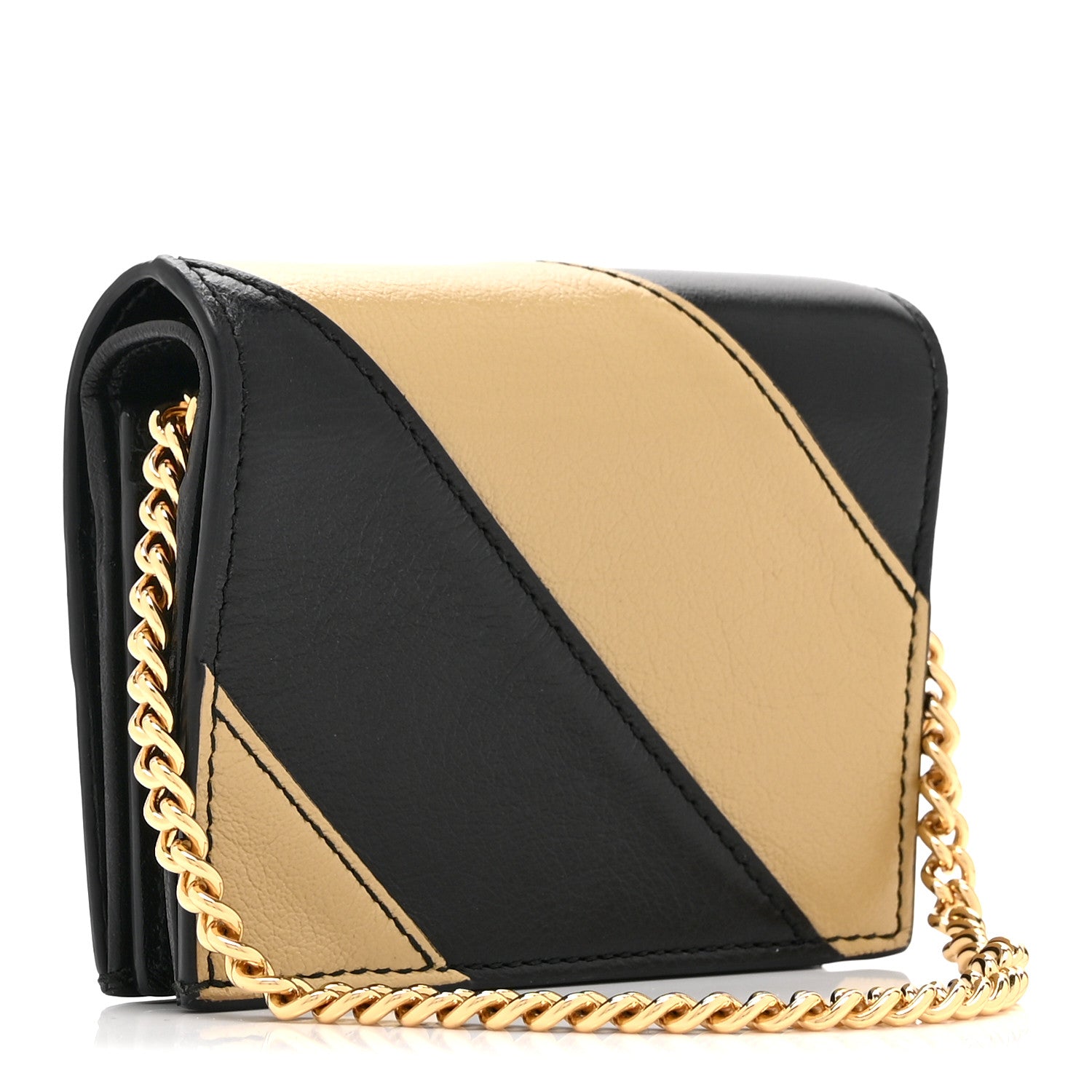 Calfskin Diagonal Striped Zumi Chain Card Case Wallet Black Beige