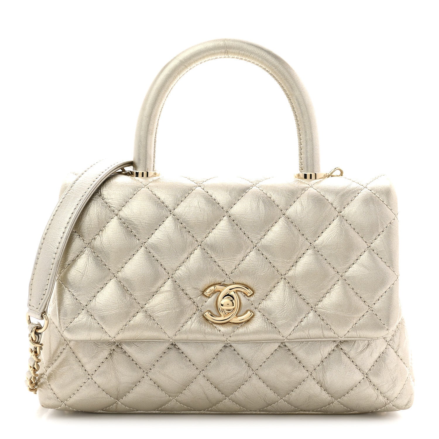 Metallic Aged Calfskin Quilted Mini Coco Handle Flap Gold