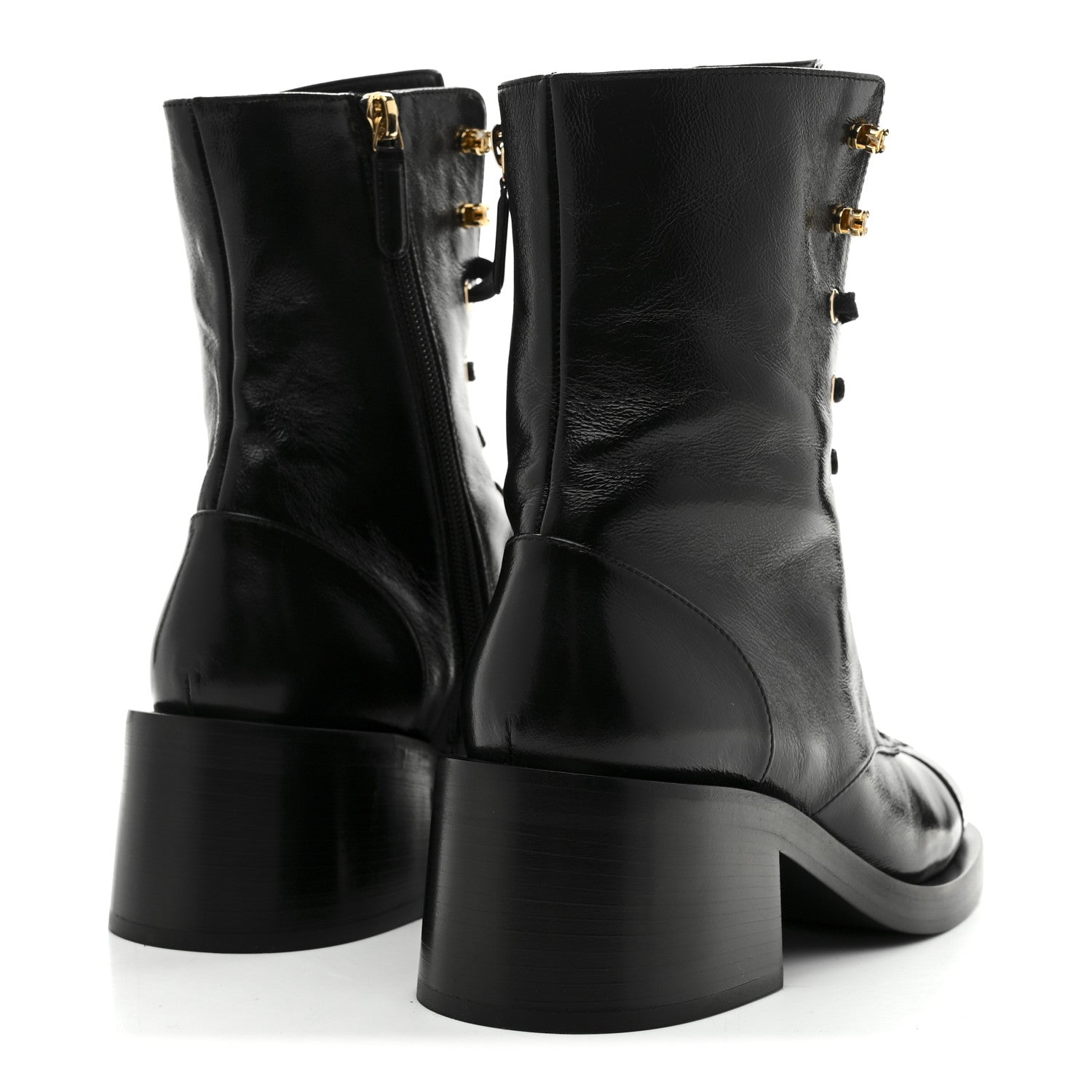 Shiny Calfskin Patent Cap Toe Lace Up Combat Boots 39 Black