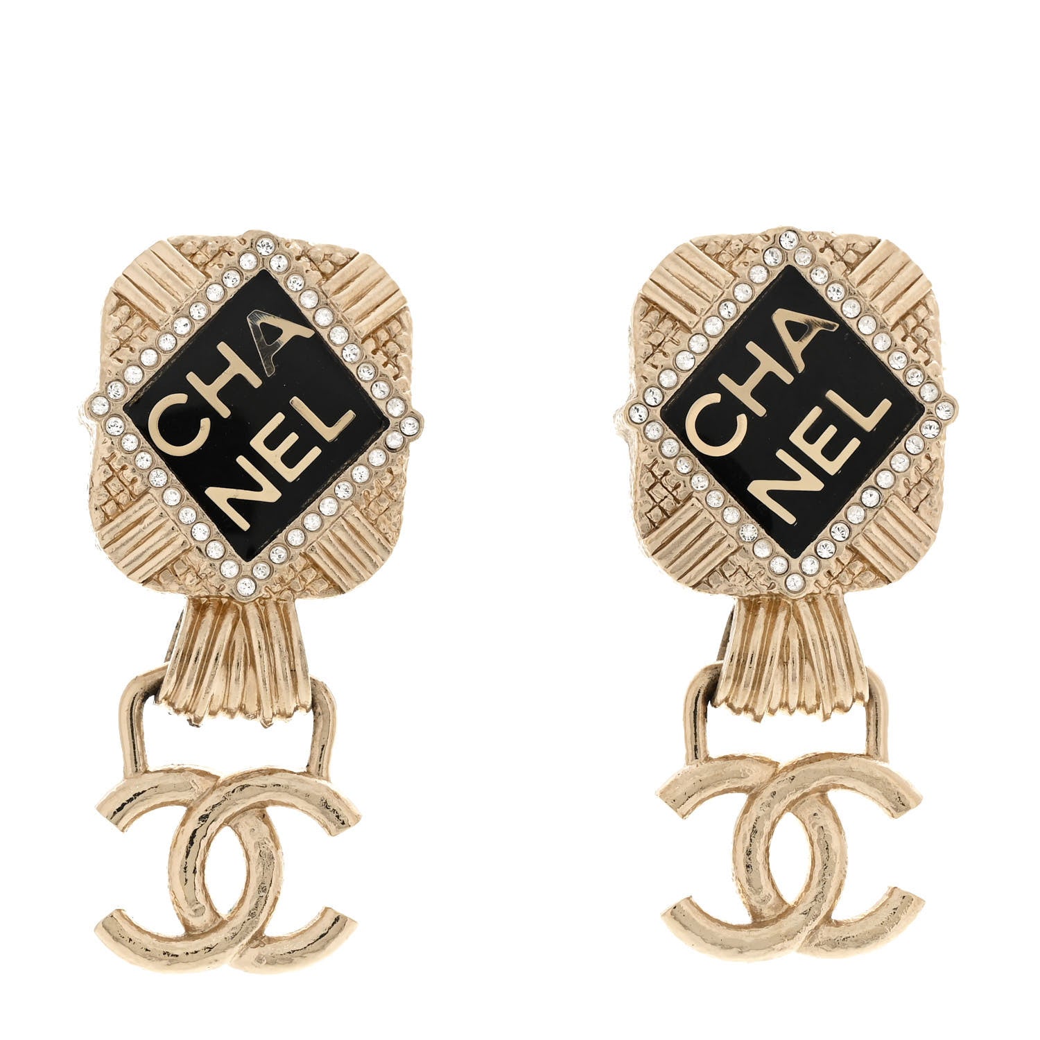 Resin Crystal Quilted CC Drop Earrings Black Gold