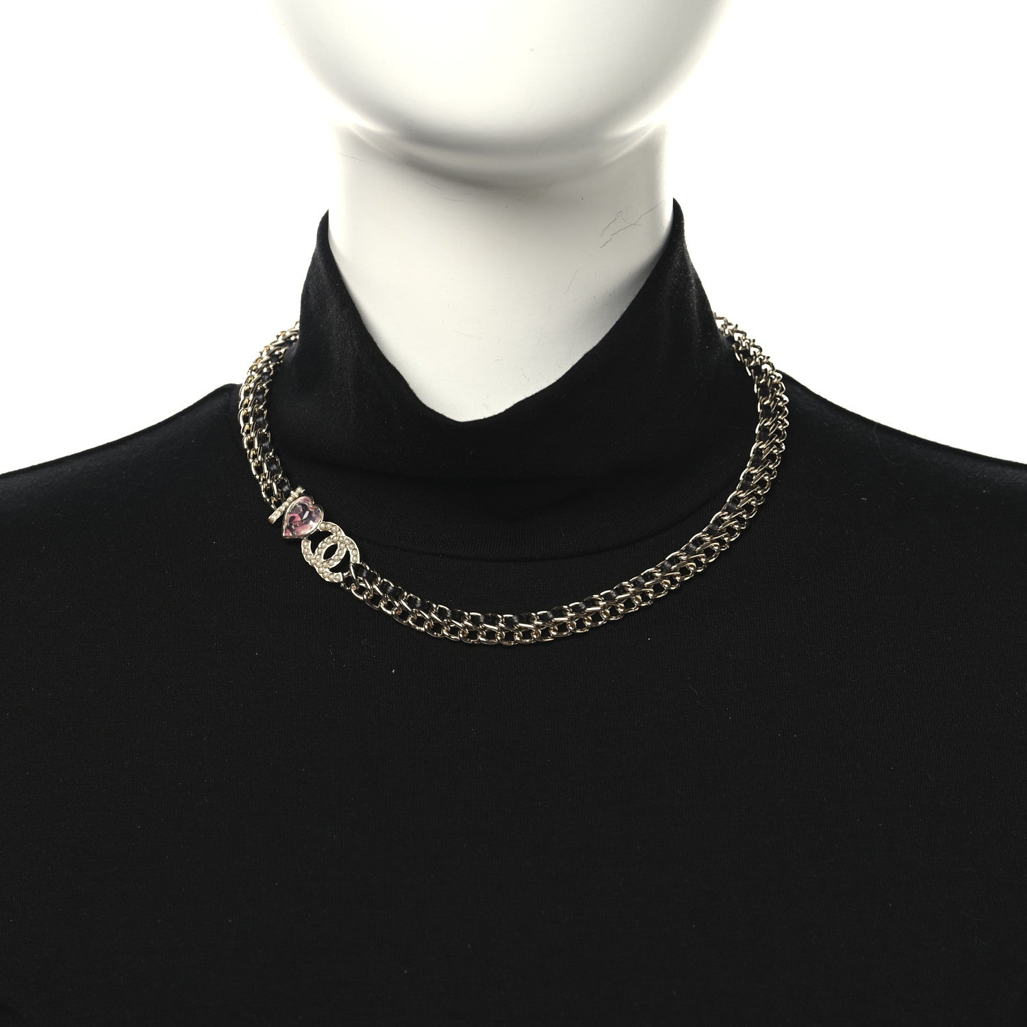 Metal Lambskin Crystal I Heart CC Choker Necklace Gold Black