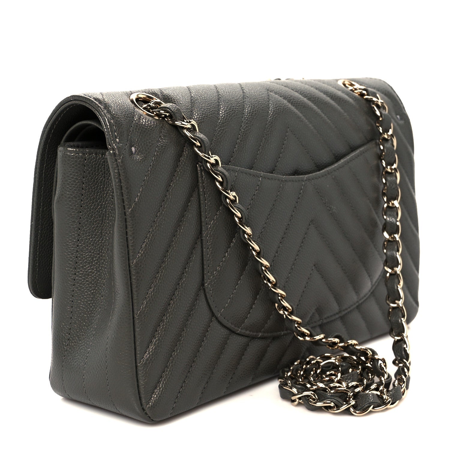 Caviar Chevron Quilted Medium Double Flap Dark Grey