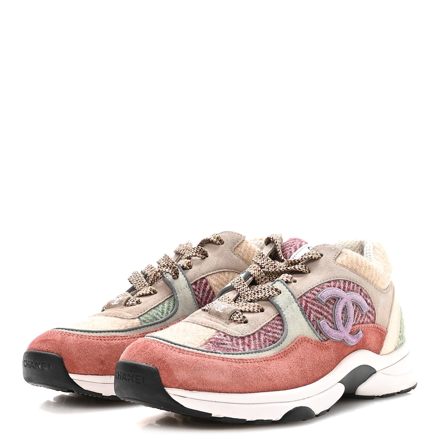 Fabric Suede Calfskin CC Sneakers 39 Pink Beige Multicolor