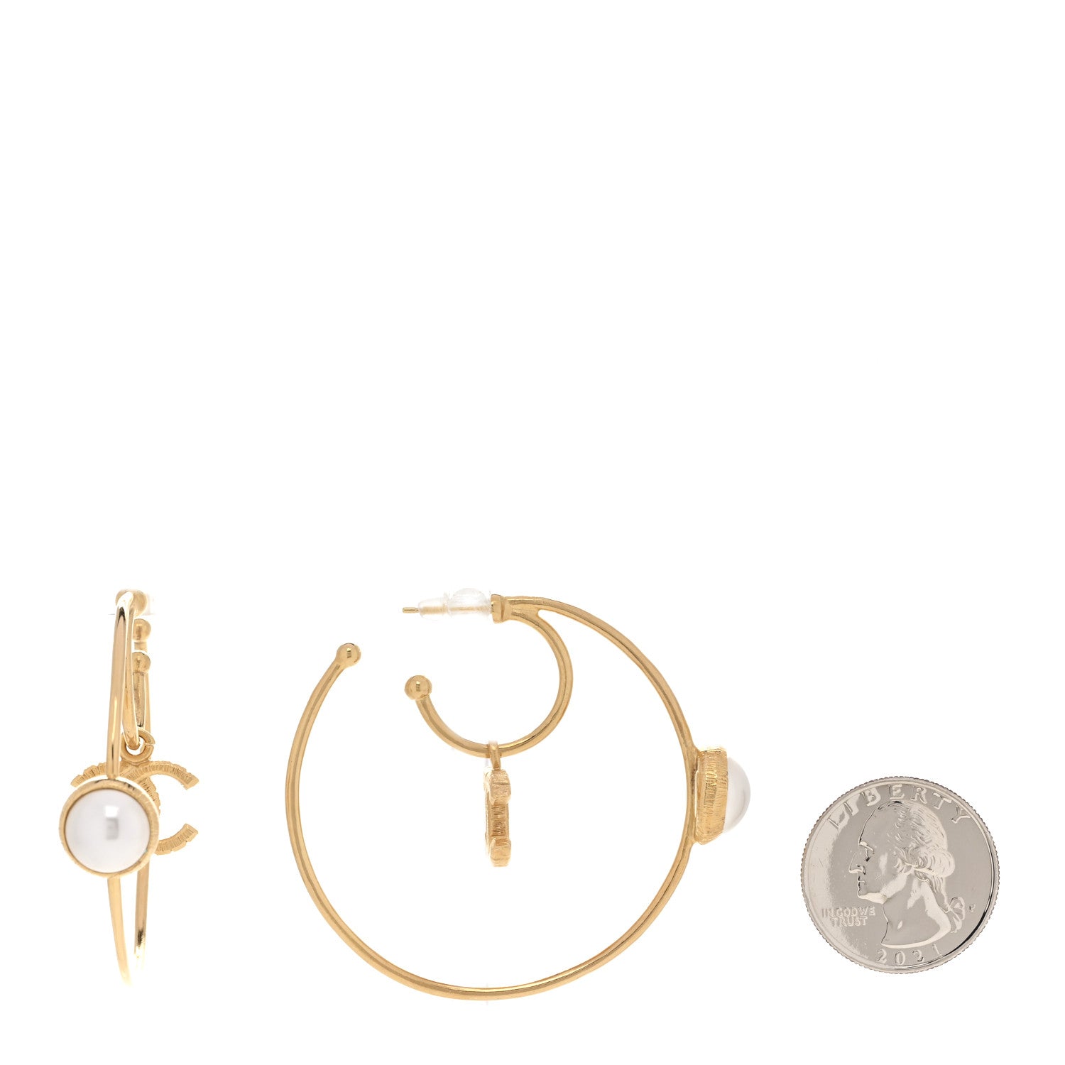 Pearl CC Tags Hoop Earrings Gold