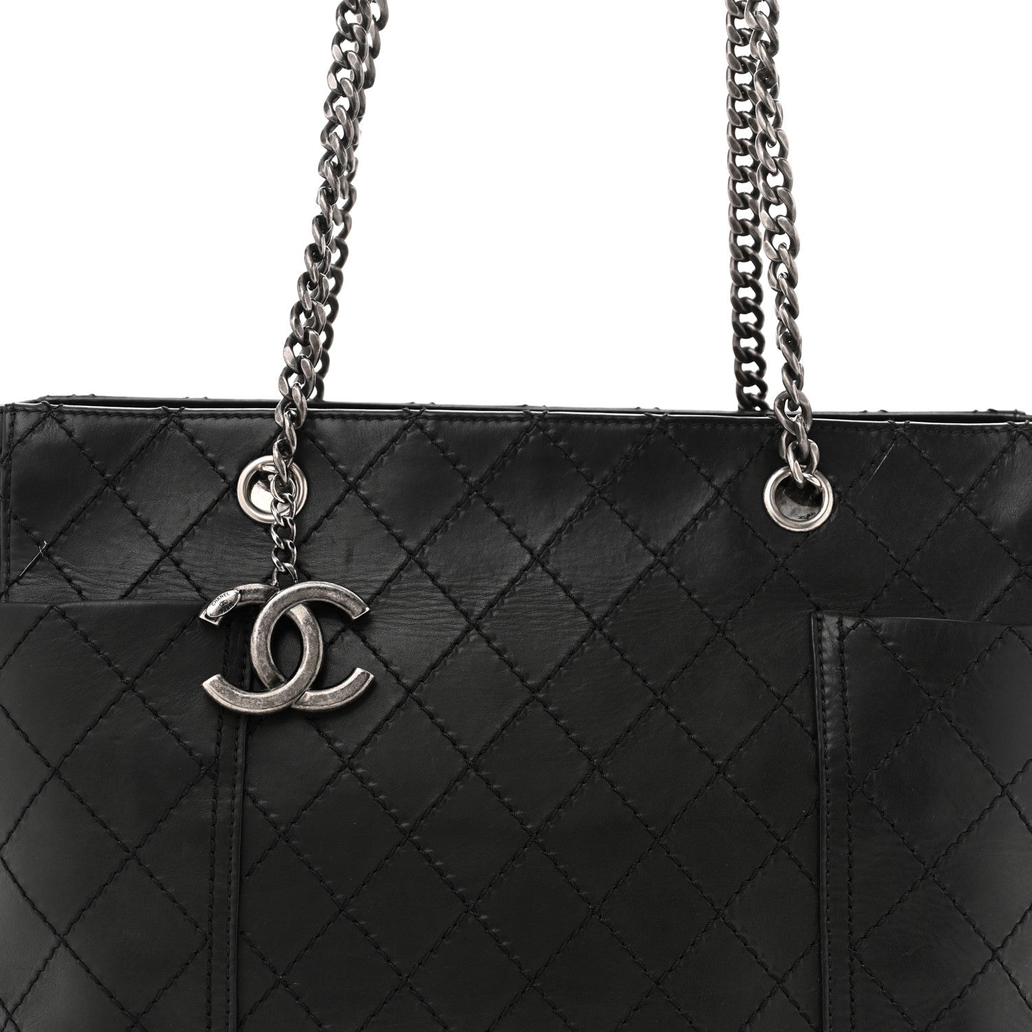 Lambskin Stitched Shopping Tote Black