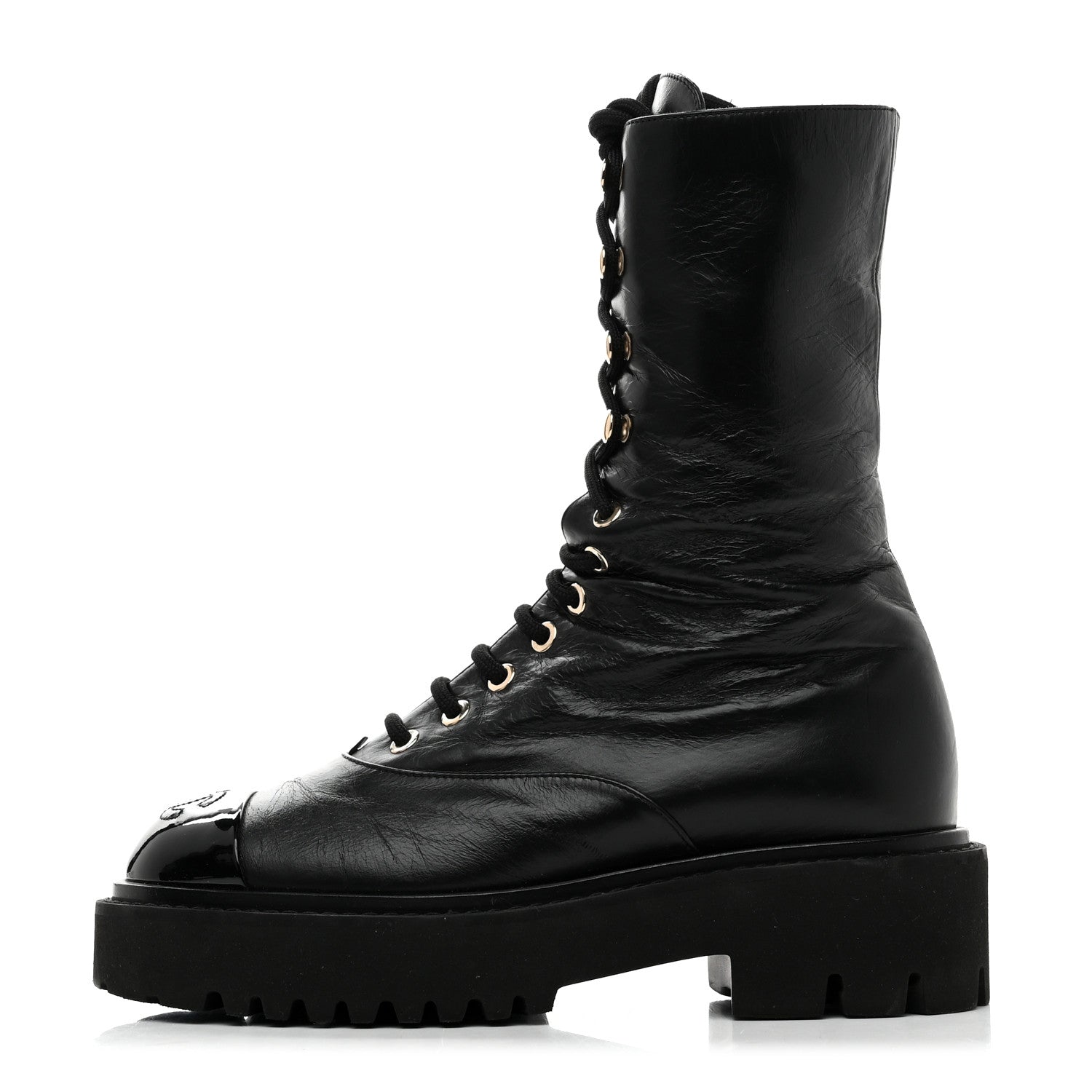 Crumpled Calfskin Patent Cap Toe Lace Up Combat Boots 35 Black