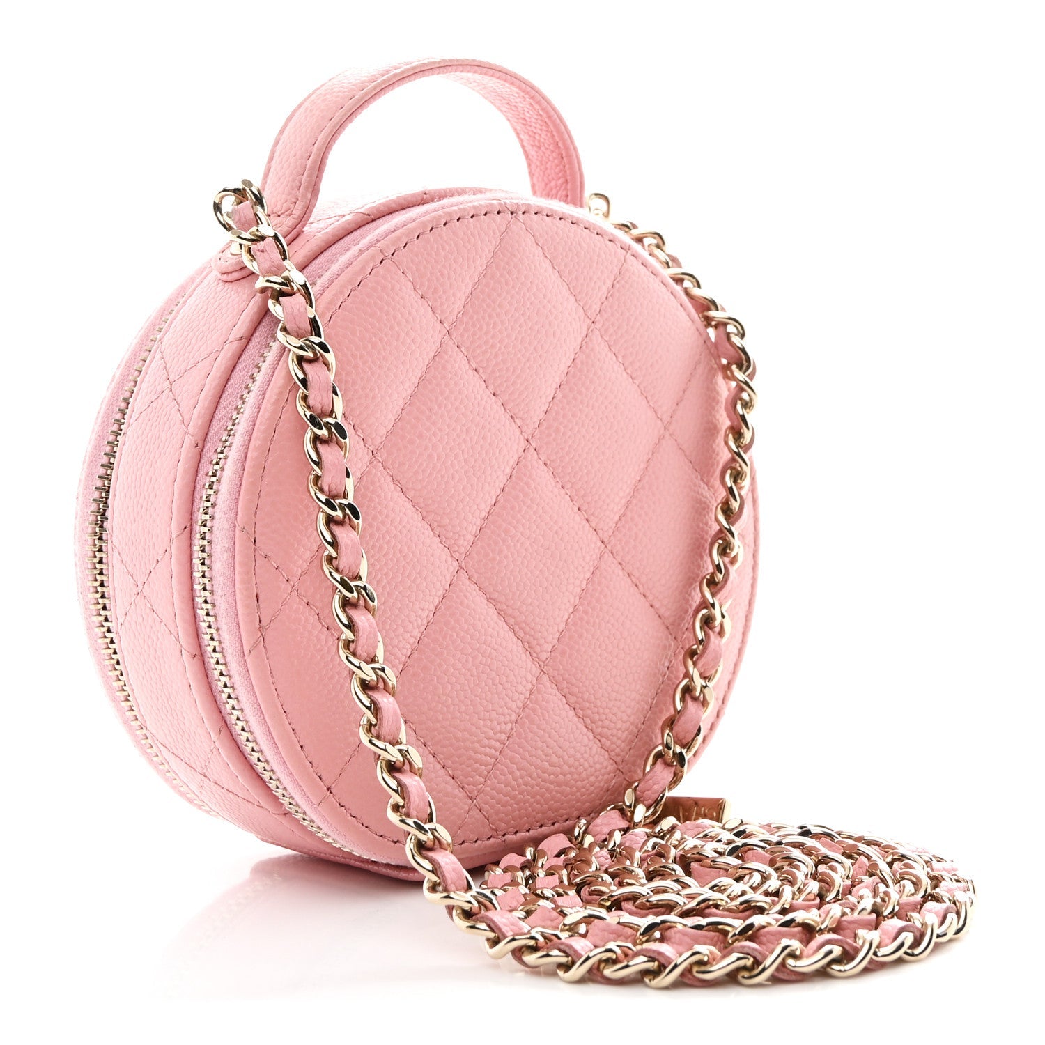 Caviar Quilted Round Handle With Care Vanity With Chain Pink