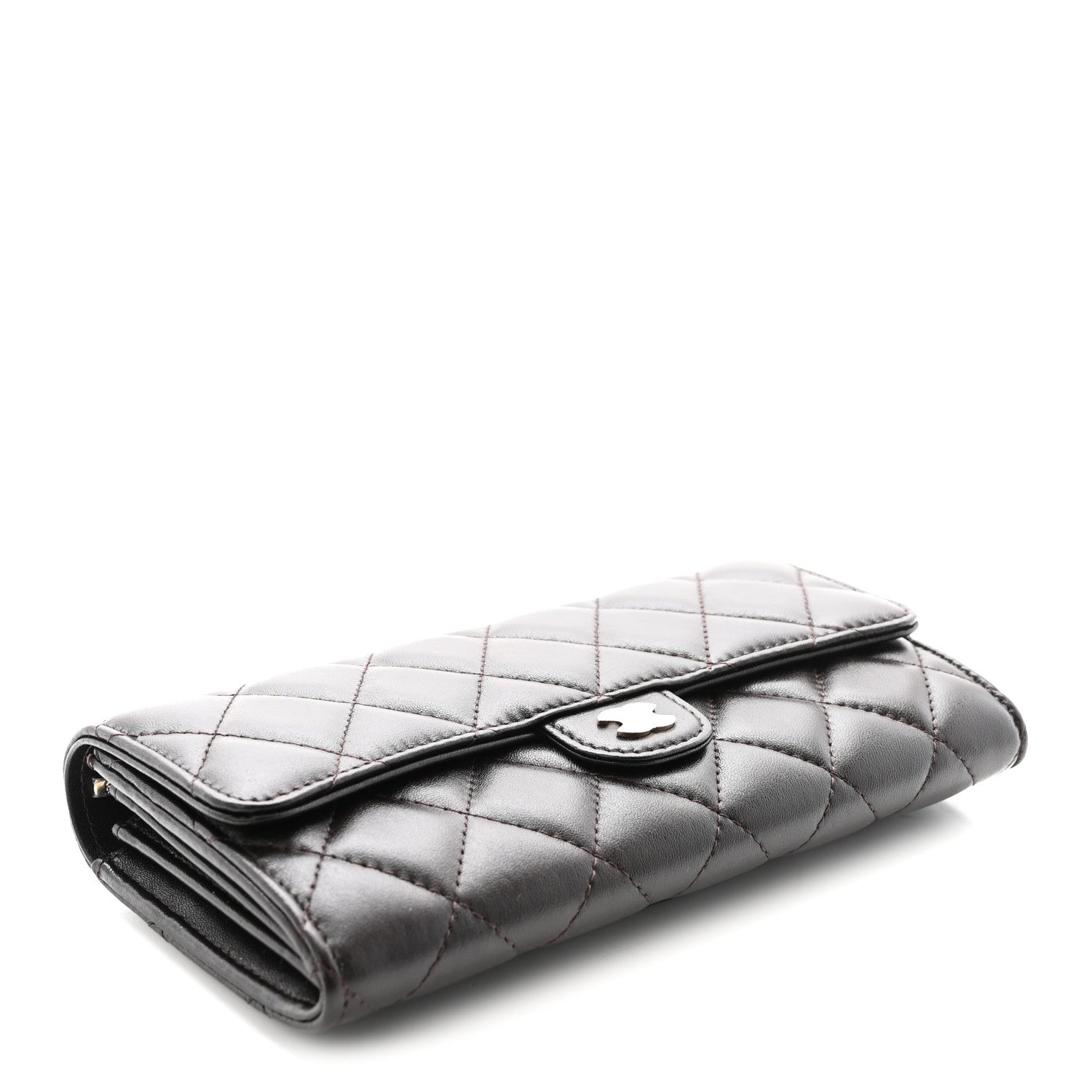 Lambskin Quilted Large Gusset Flap Wallet Dark Brown