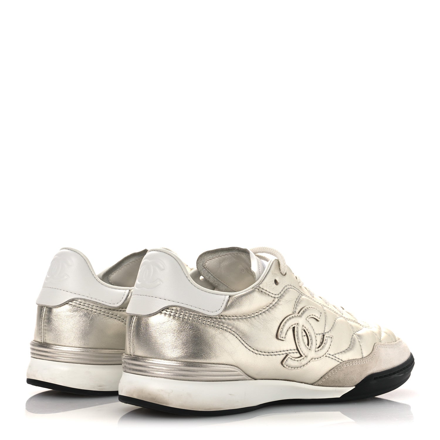 Laminated Calfskin Suede Quilted Womens CC Sneakers 39 Silver White