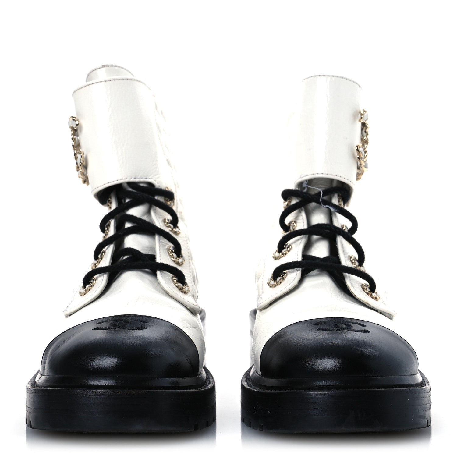 Shiny Goatskin Calfskin Quilted Lace Up Combat Boots 41.5 White Black