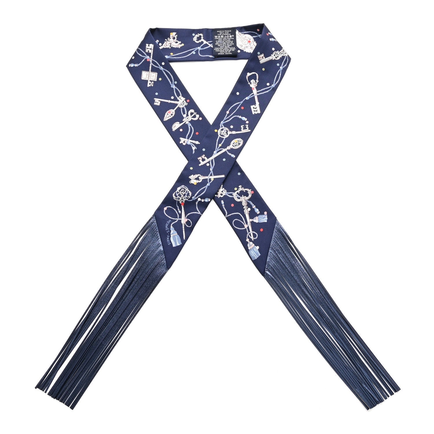Silk Metallic Agneau Les Cles A Pois Fringed Twilly Bleu Marine Gris Argent Multicolor