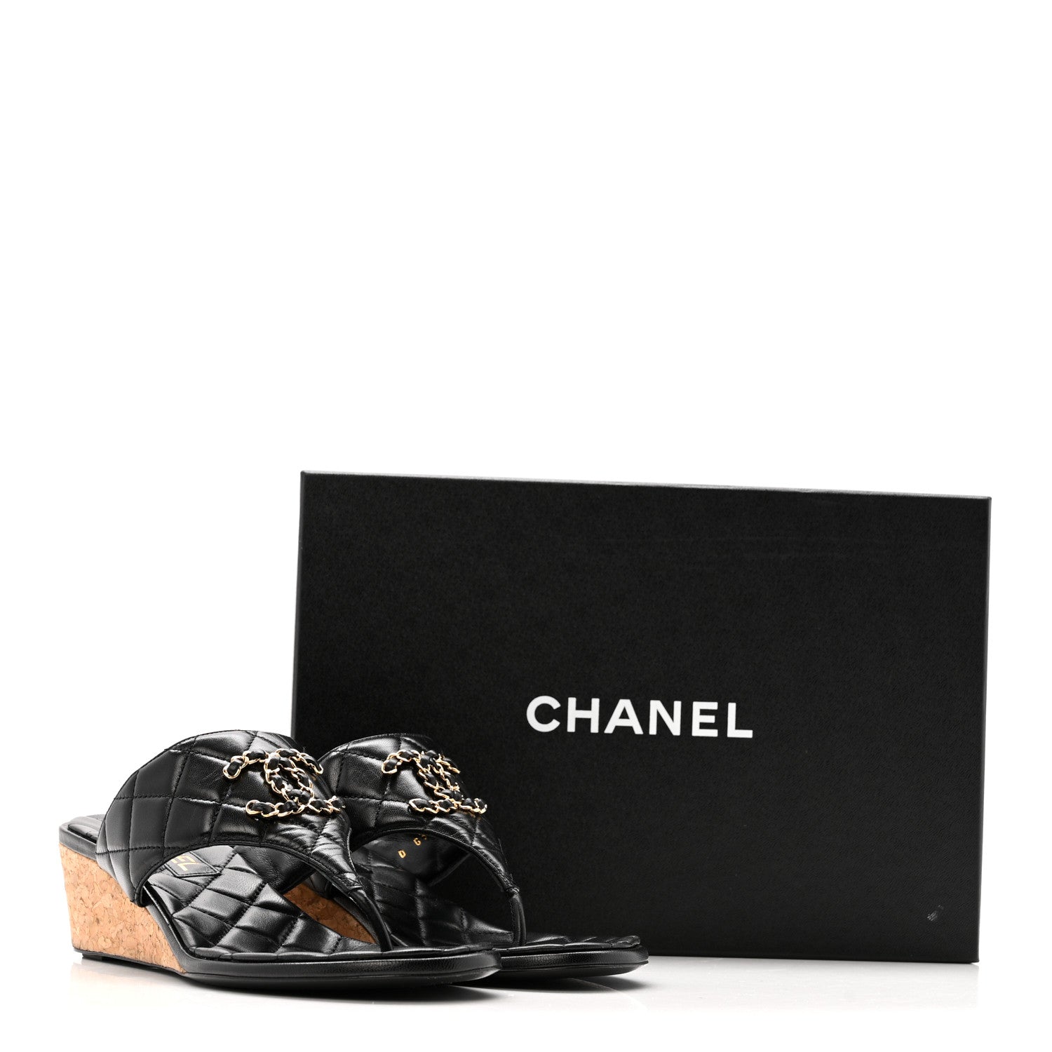 Shiny Goatskin Cork CC Wedge Sandals 37.5 Black
