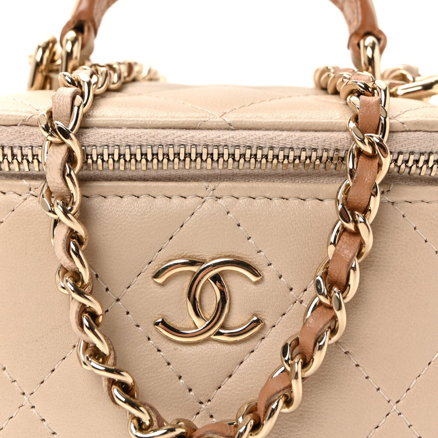 Lambskin Quilted Top Handle Mini Vanity Case With Chain Beige
