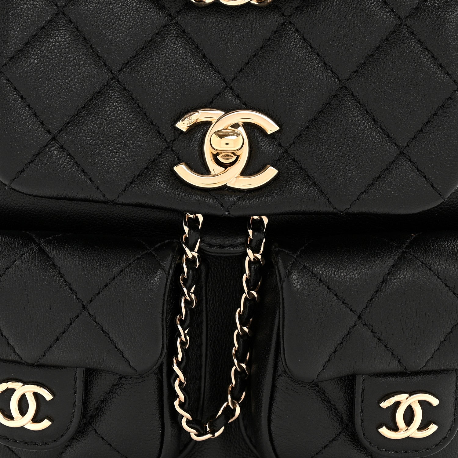 Calfskin Quilted Mini Duma Pockets Drawstring Backpack Black