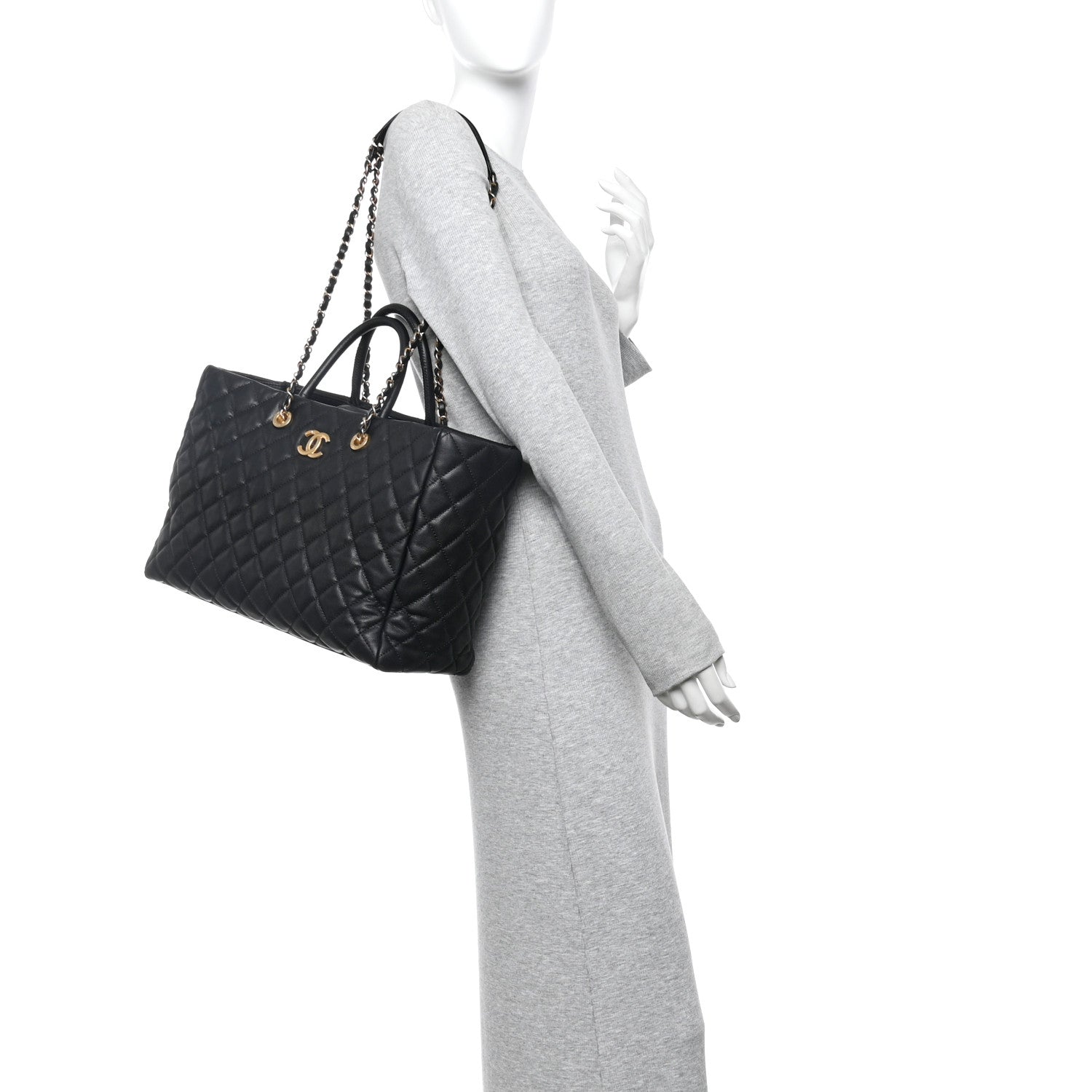 Caviar Quilted Large Coco Handle Shopping Tote Black
