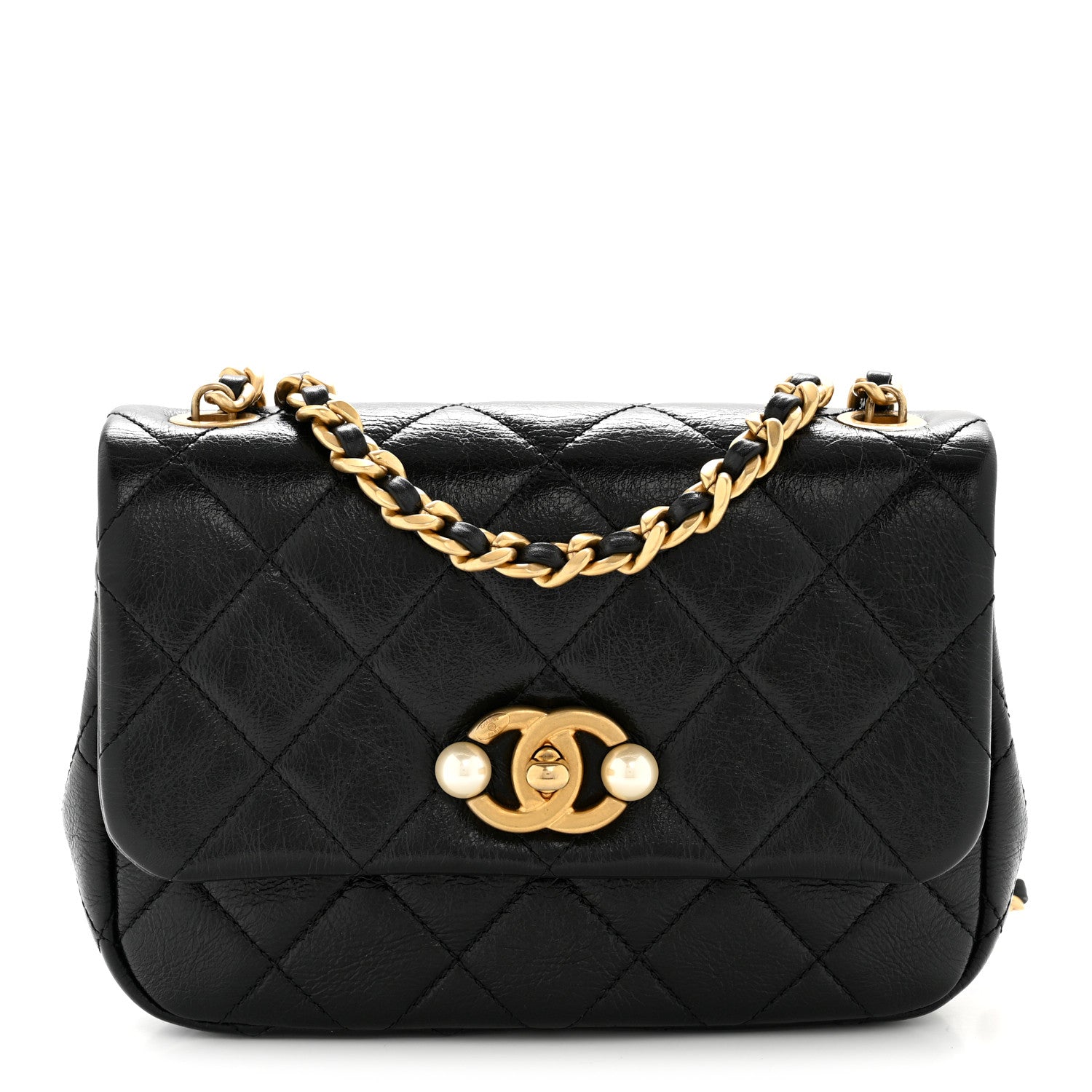 Glazed Calfskin Quilted Mini Pearl Side Flap Black