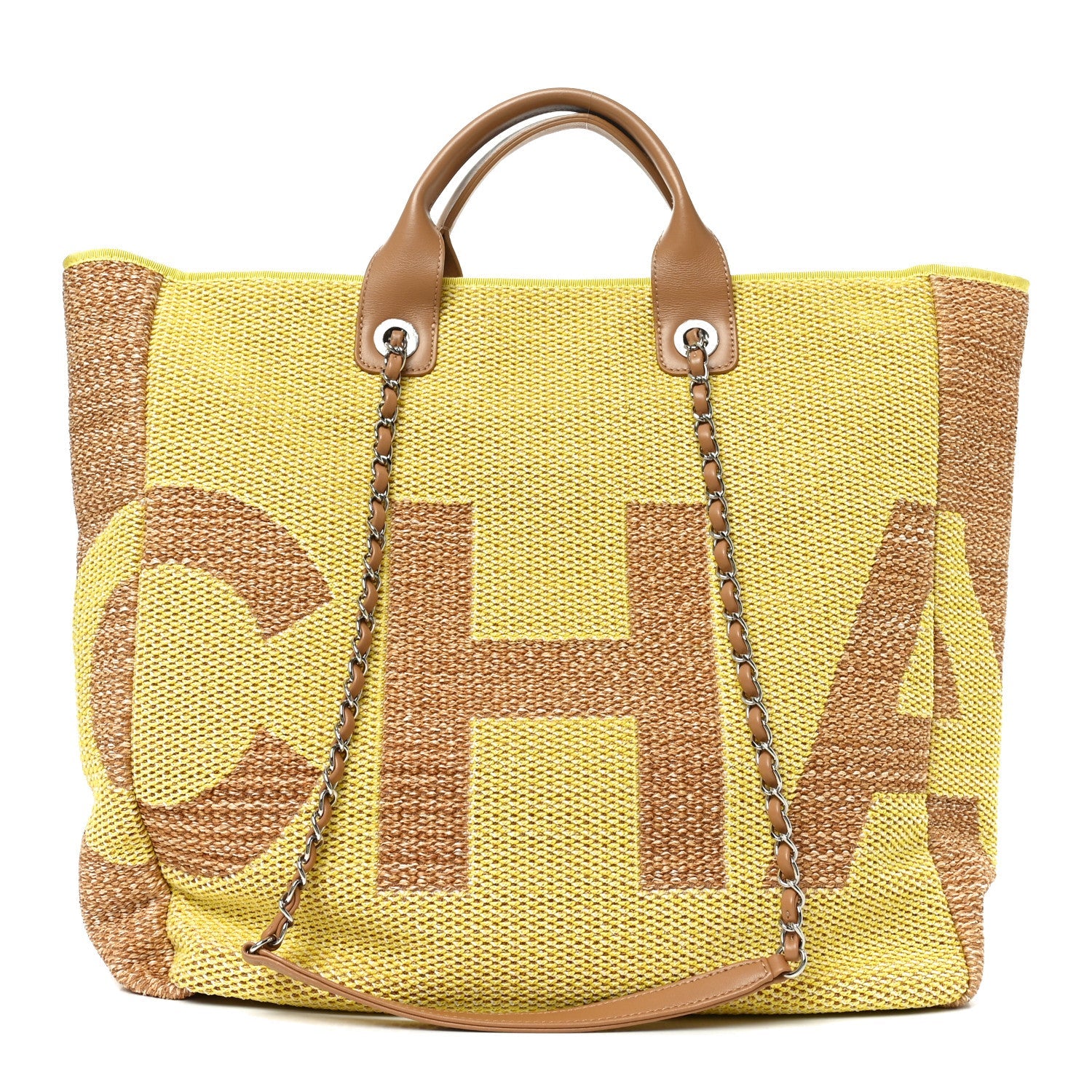 Mixed Fibers Large Shopping Bag Yellow Brown