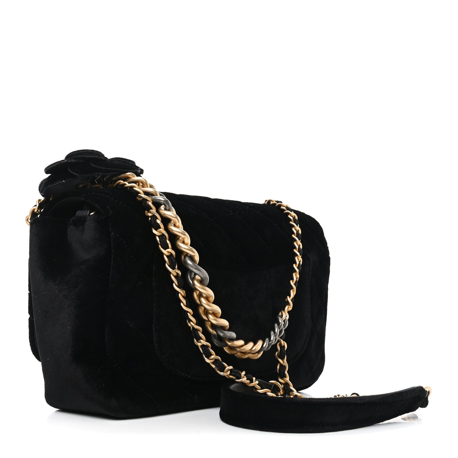 Velvet Quilted Small Camellia Flap Black