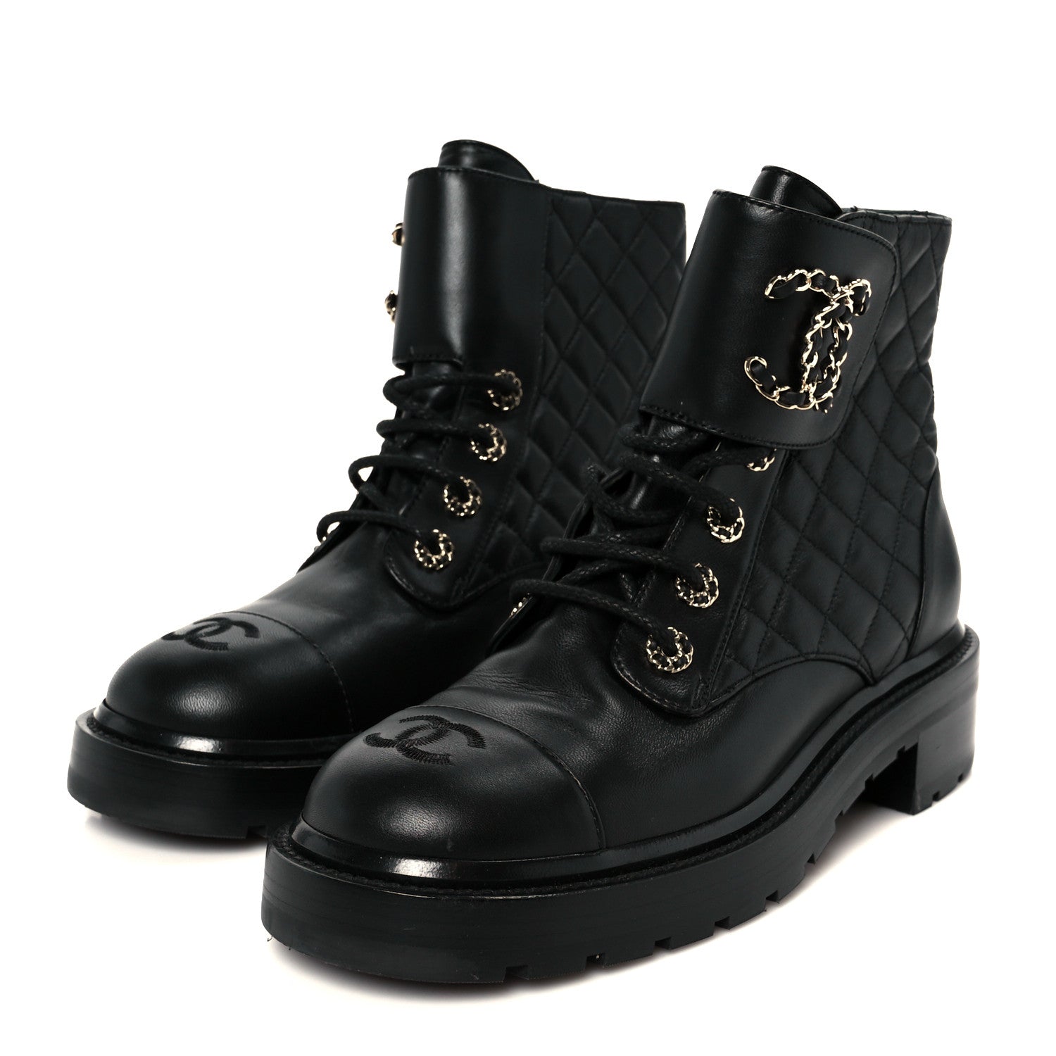 Shiny Lambskin Quilted Lace Up Combat Boots 39 Black