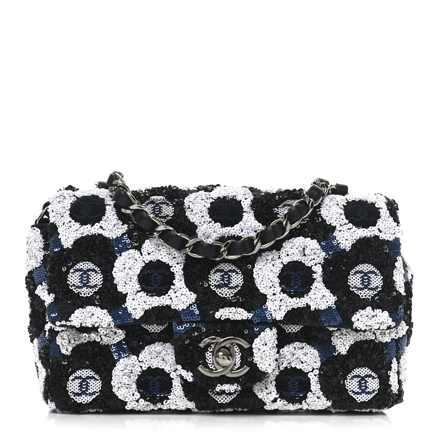 Satin Sequin Embellished Flower Mini Rectangular Flap Black White Blue
