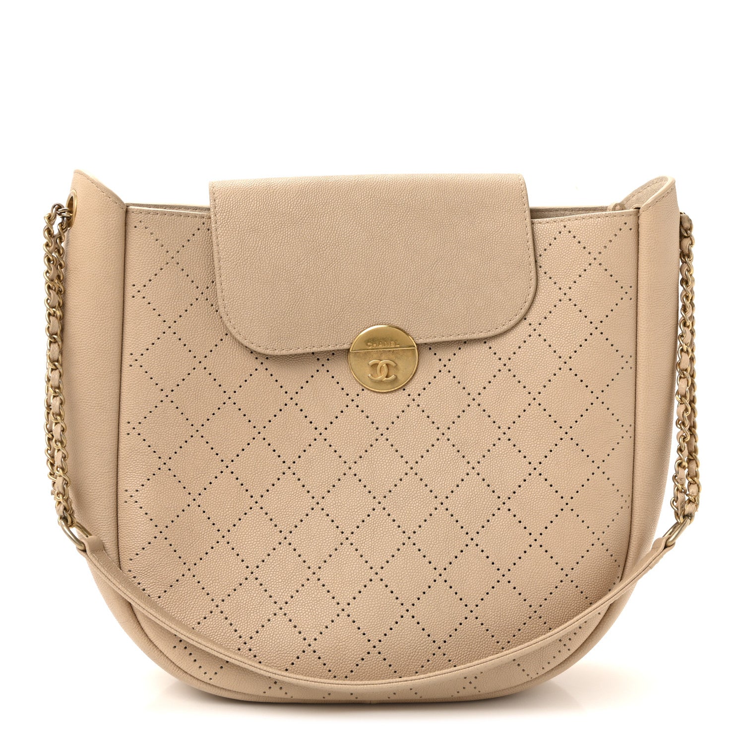 Grained Calfskin Perforated Small Flap Hobo Beige