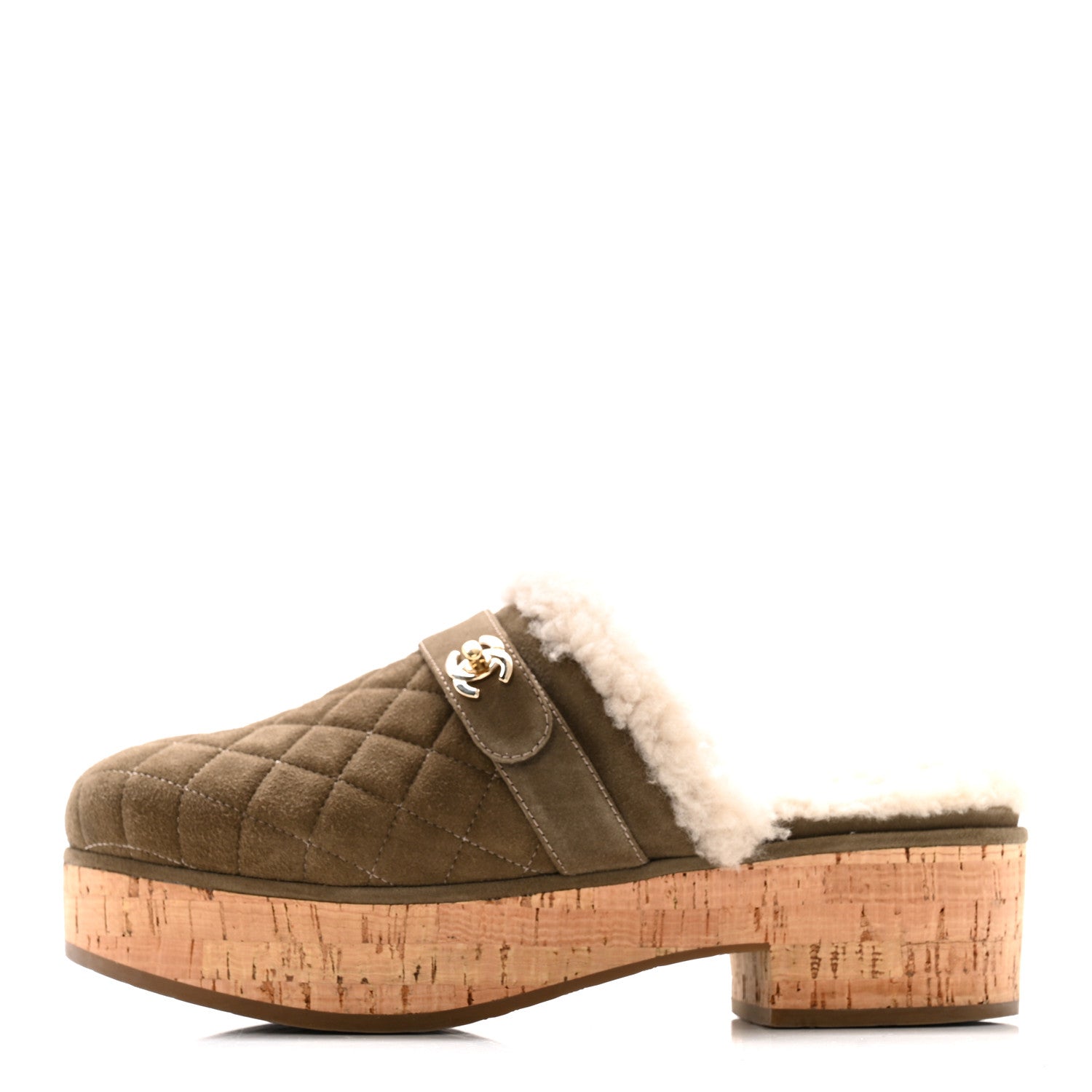 Suede Calfskin Shearling Turn Lock Clogs 38 Green