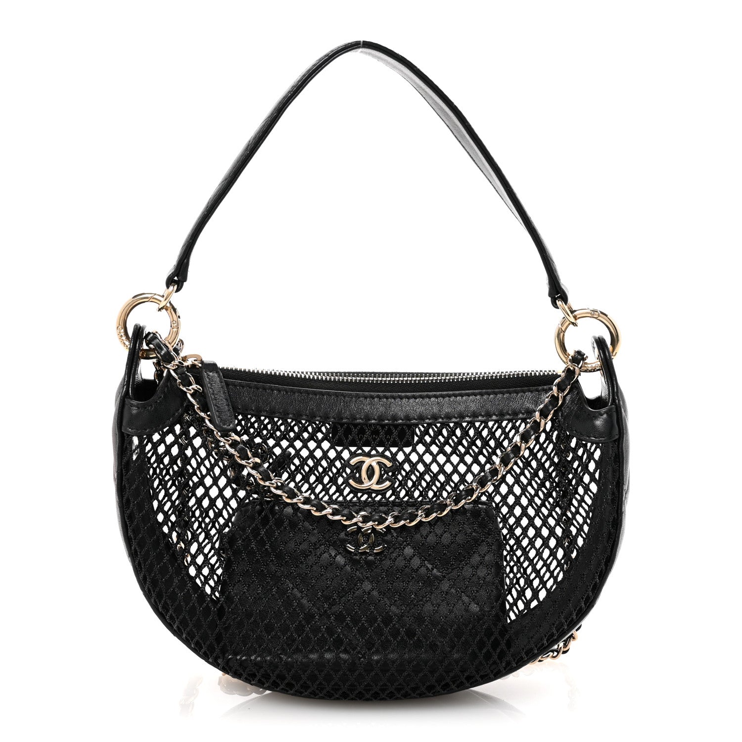 Mesh Shiny Lambskin Chain Hobo Black