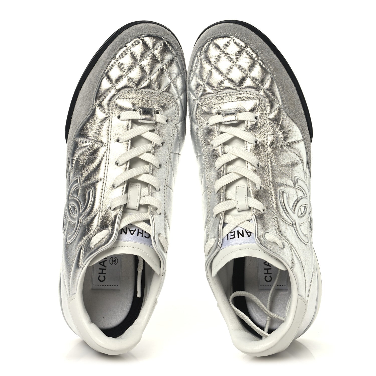 Laminated Calfskin Suede Quilted Womens CC Sneakers 41 Silver White Gray