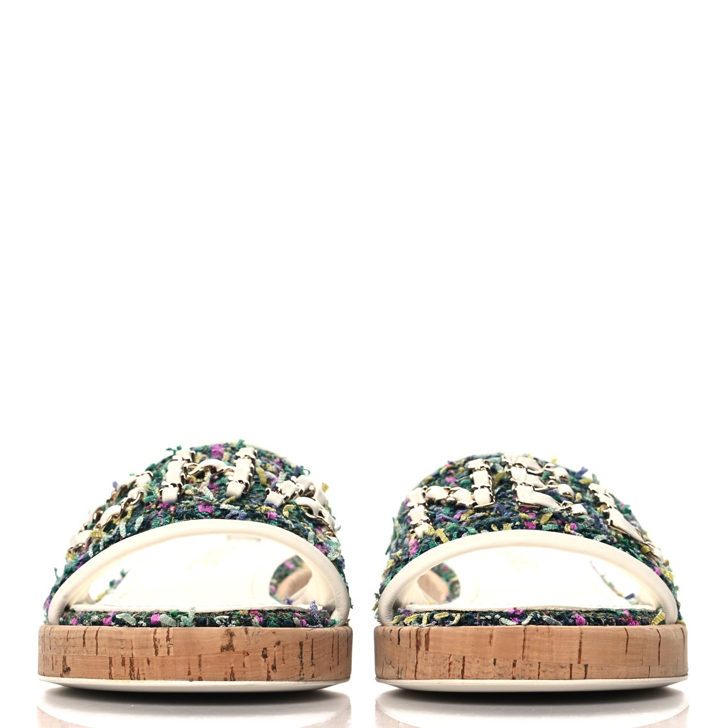 Tweed Cork CC Chain Mule Sandal 36.5 Green Multicolor