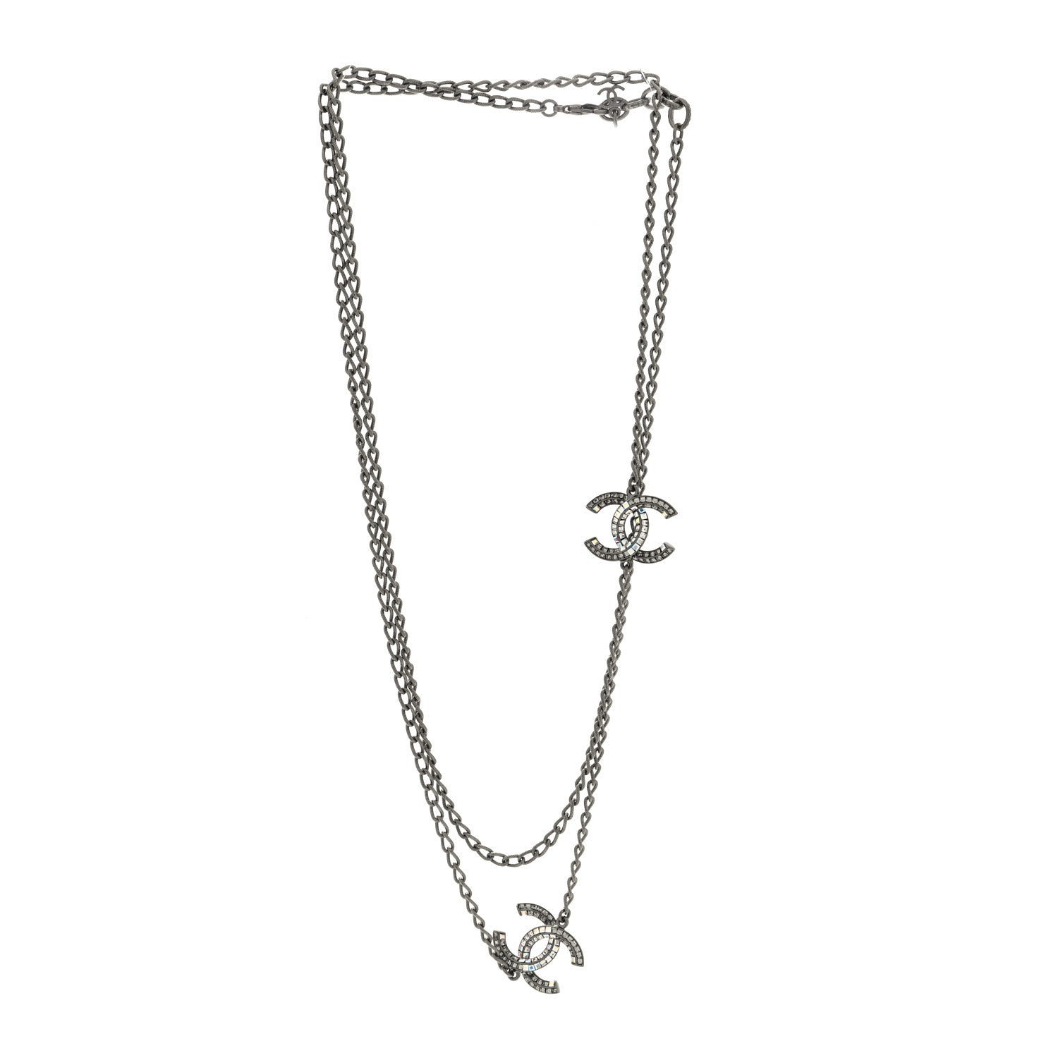 Crystal Baguette CC Double Strand Necklace Silver
