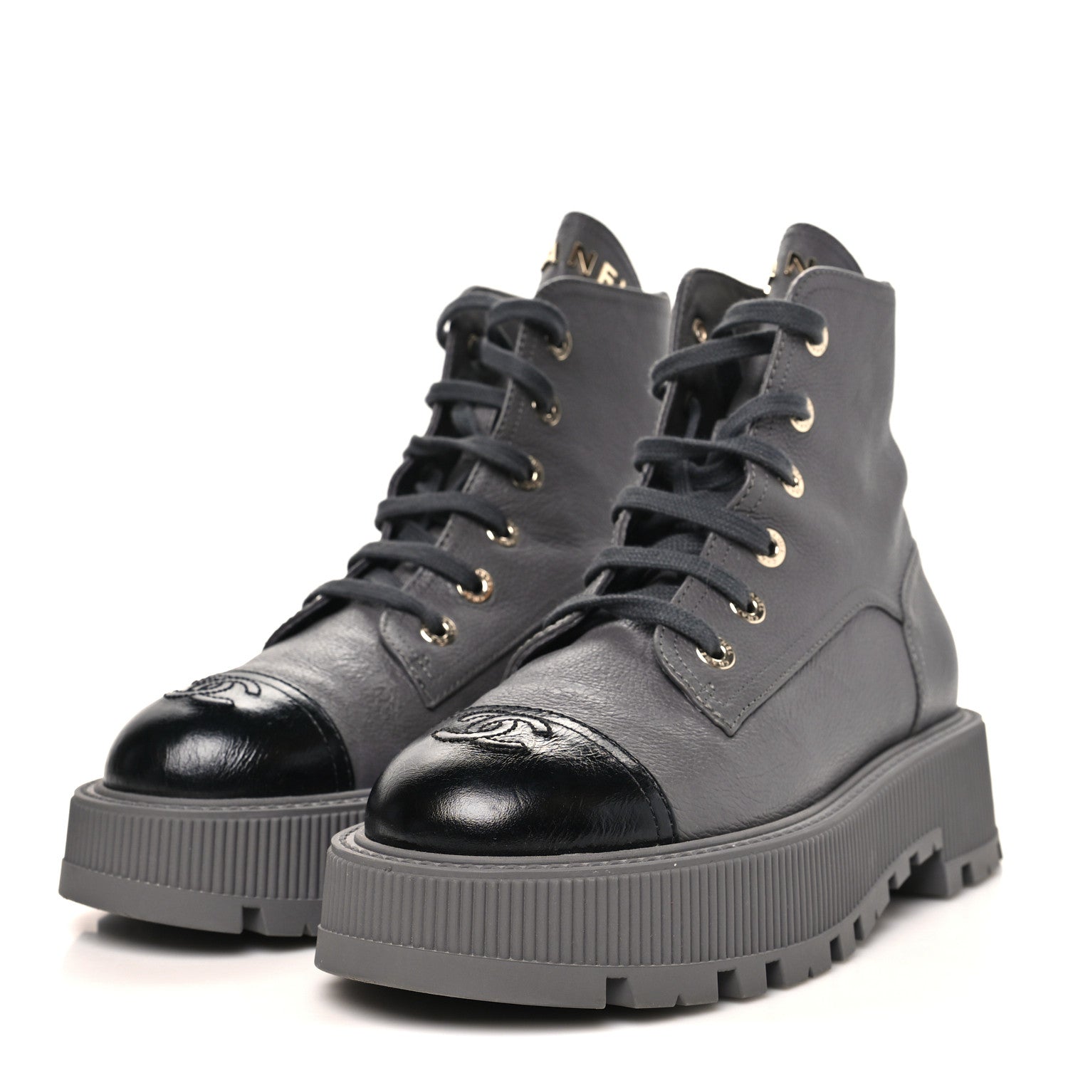 Grained Calfskin Shiny Calfskin CC Lace Up Combat Boots 39.5 Grey