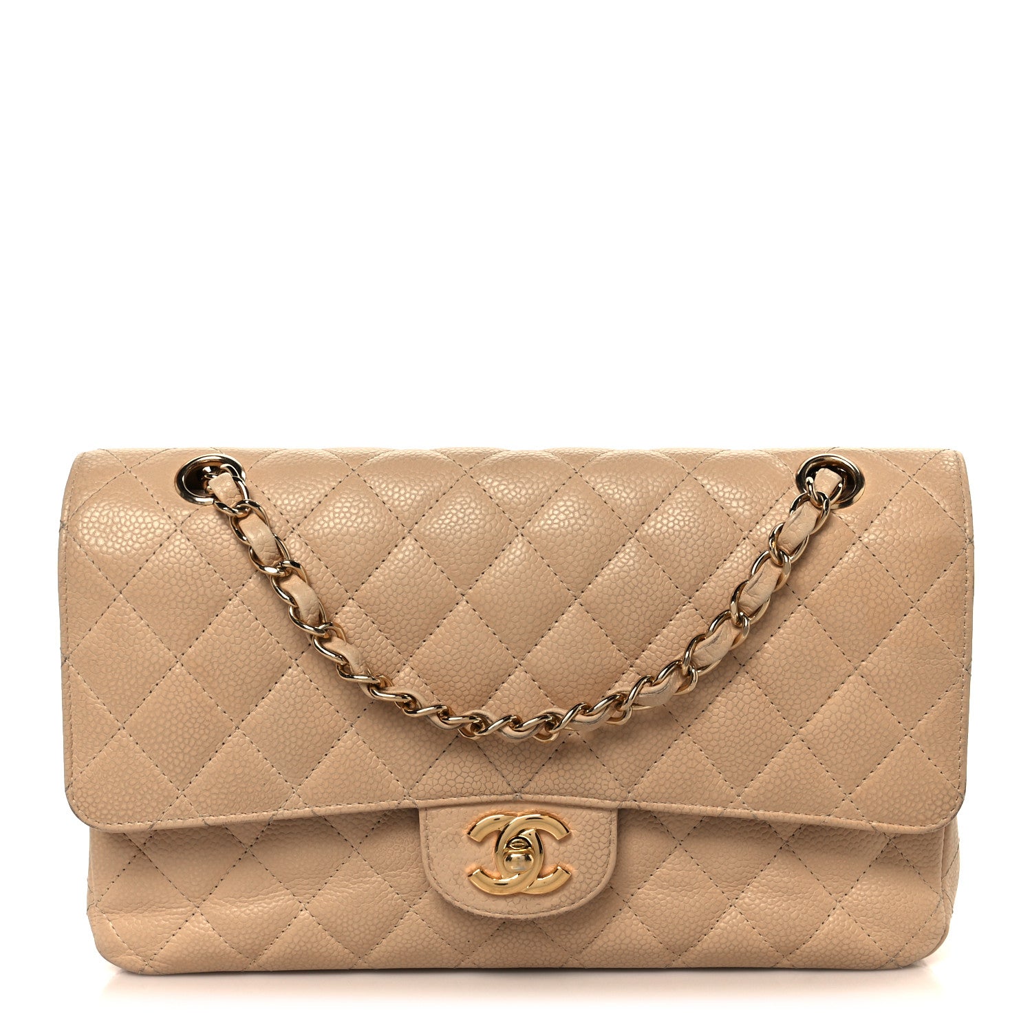 Caviar Quilted Medium Double Flap Beige