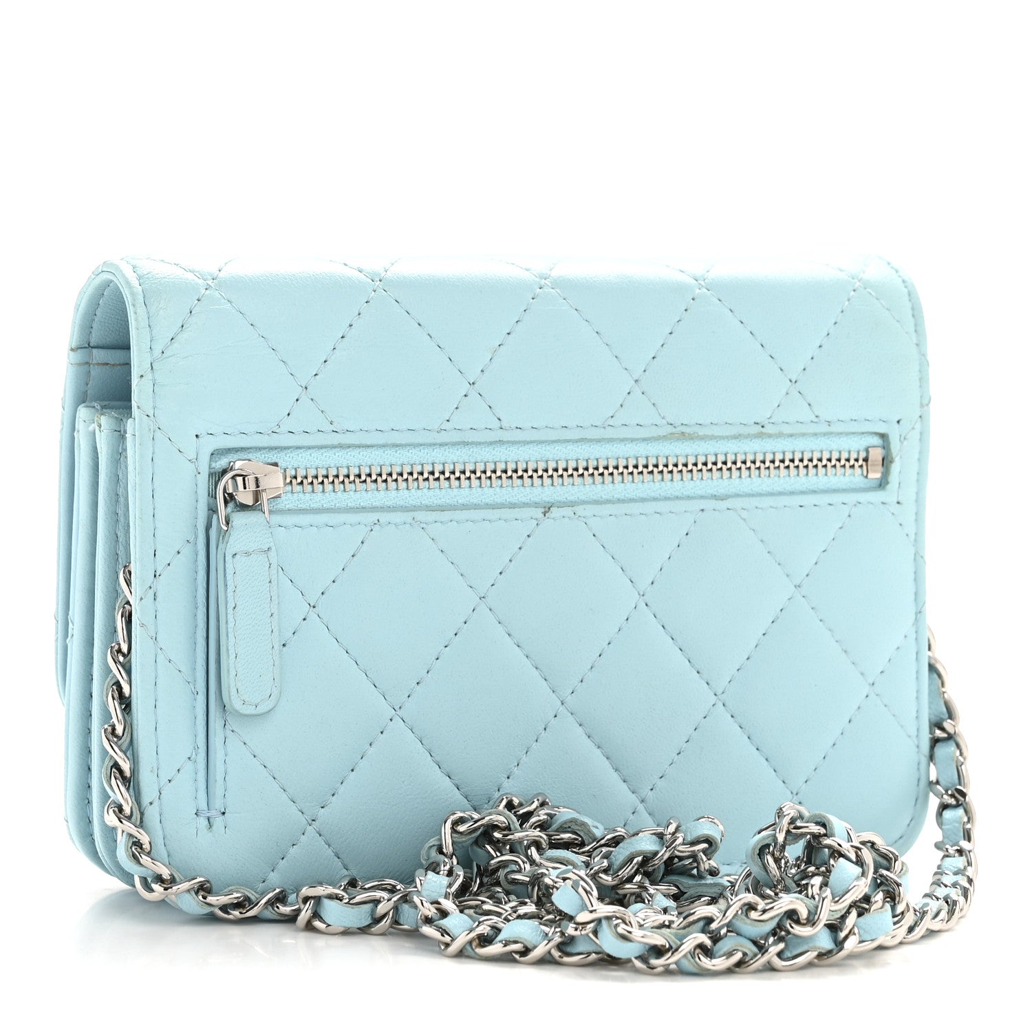 Lambskin Quilted Mini Wallet On Chain WOC Neon Blue