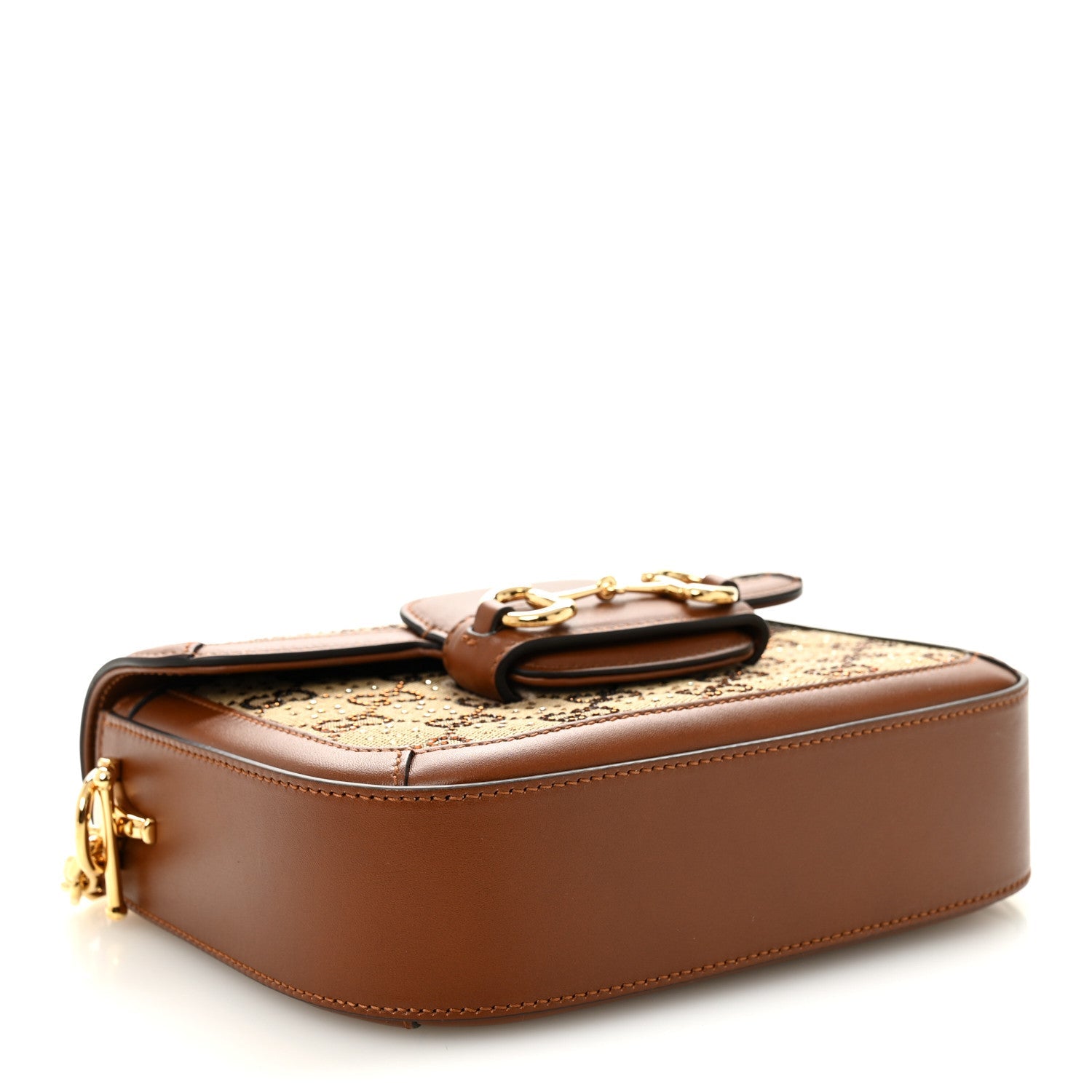 New Canvas Charisma Calfskin Crystal GG Monogram Mini Horsebit 1955 Shoulder Bag Camel Ebony