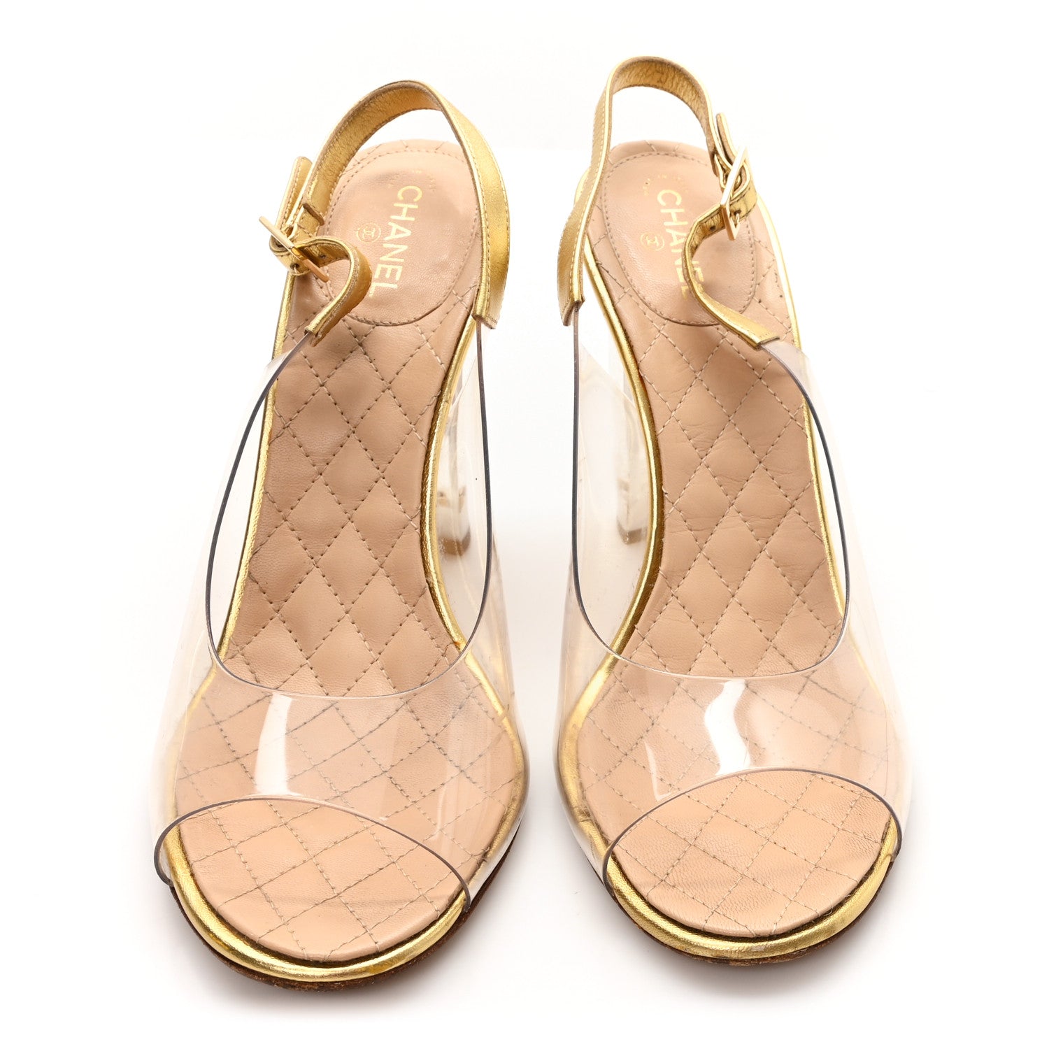 Metallic Calfskin PVC Peep Toe Heels 41 Gold