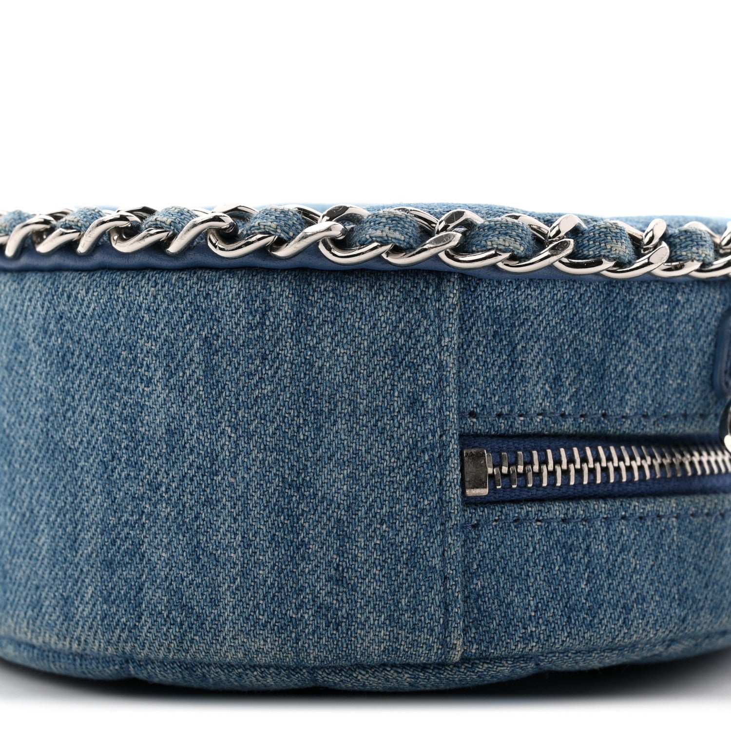 Denim Quilted Round Clutch With Chain Blue