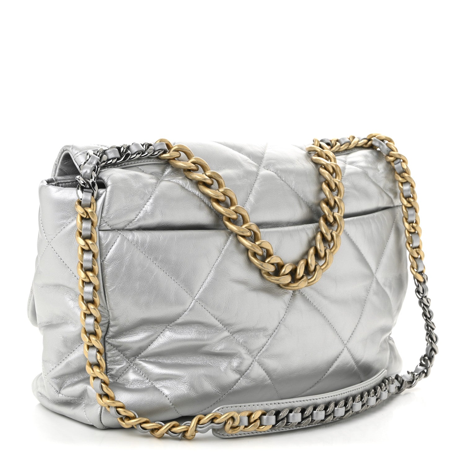 Metallic Goatskin Quilted Maxi Chanel 19 Flap Silver
