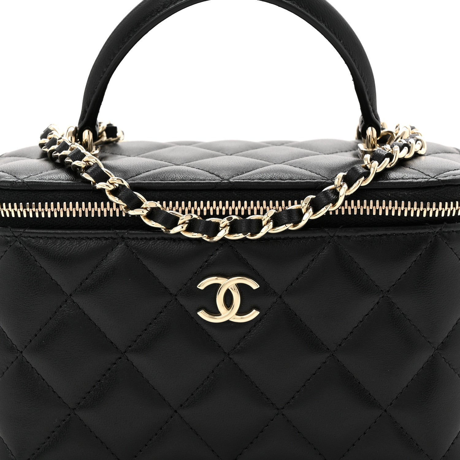 Lambskin Quilted Small Top Handle Vanity Case With Chain Black