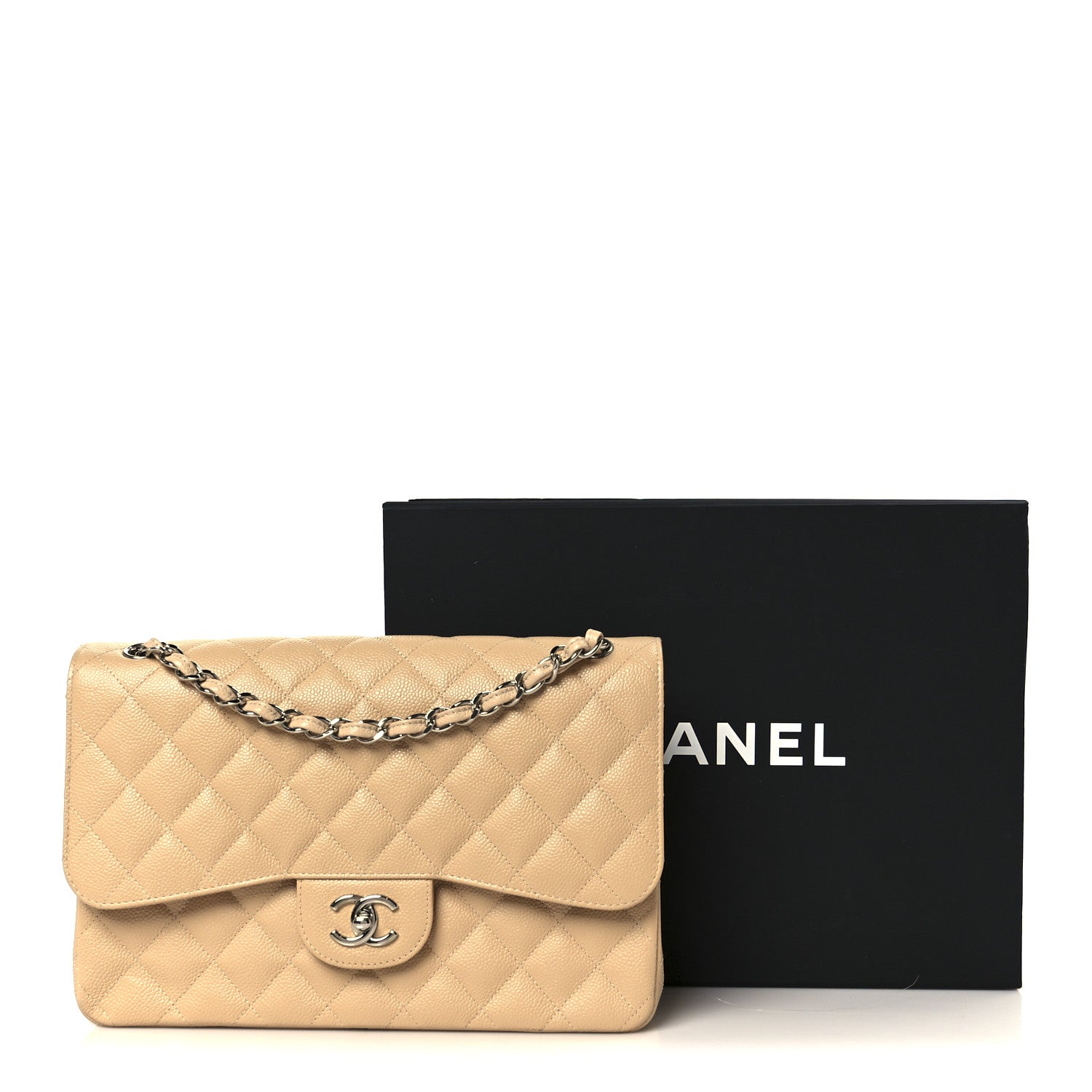 Caviar Quilted Jumbo Double Flap Beige