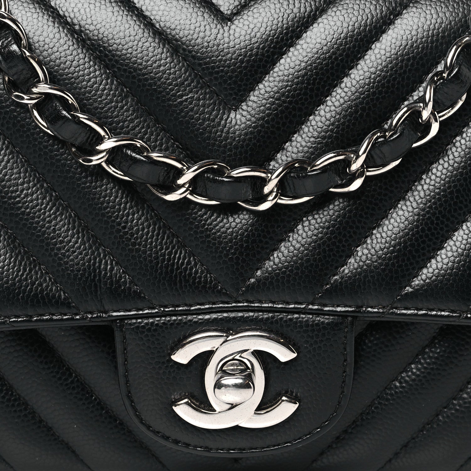 Caviar Chevron Quilted Mini Square Flap Black