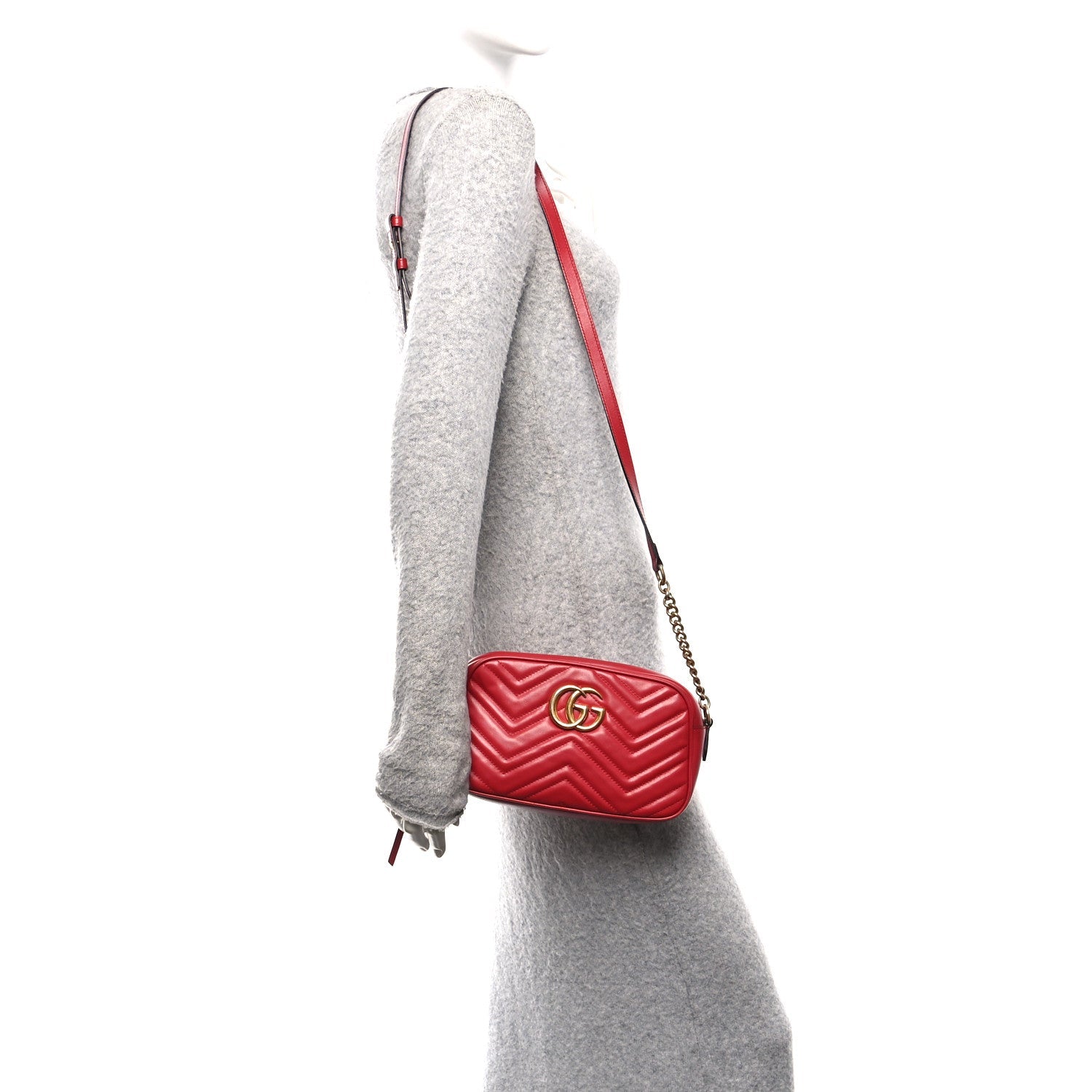 Calfskin Matelasse Small GG Marmont Chain Shoulder Bag Hibiscus Red