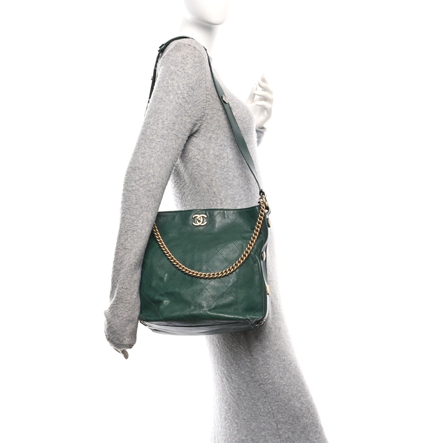 Calfskin Stitched Large Button Up Hobo Dark Green