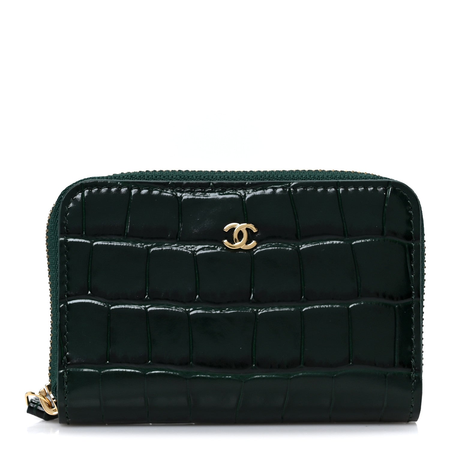 Calfskin Crocodile Embossed Crococo Zip Coin Purse Emerald
