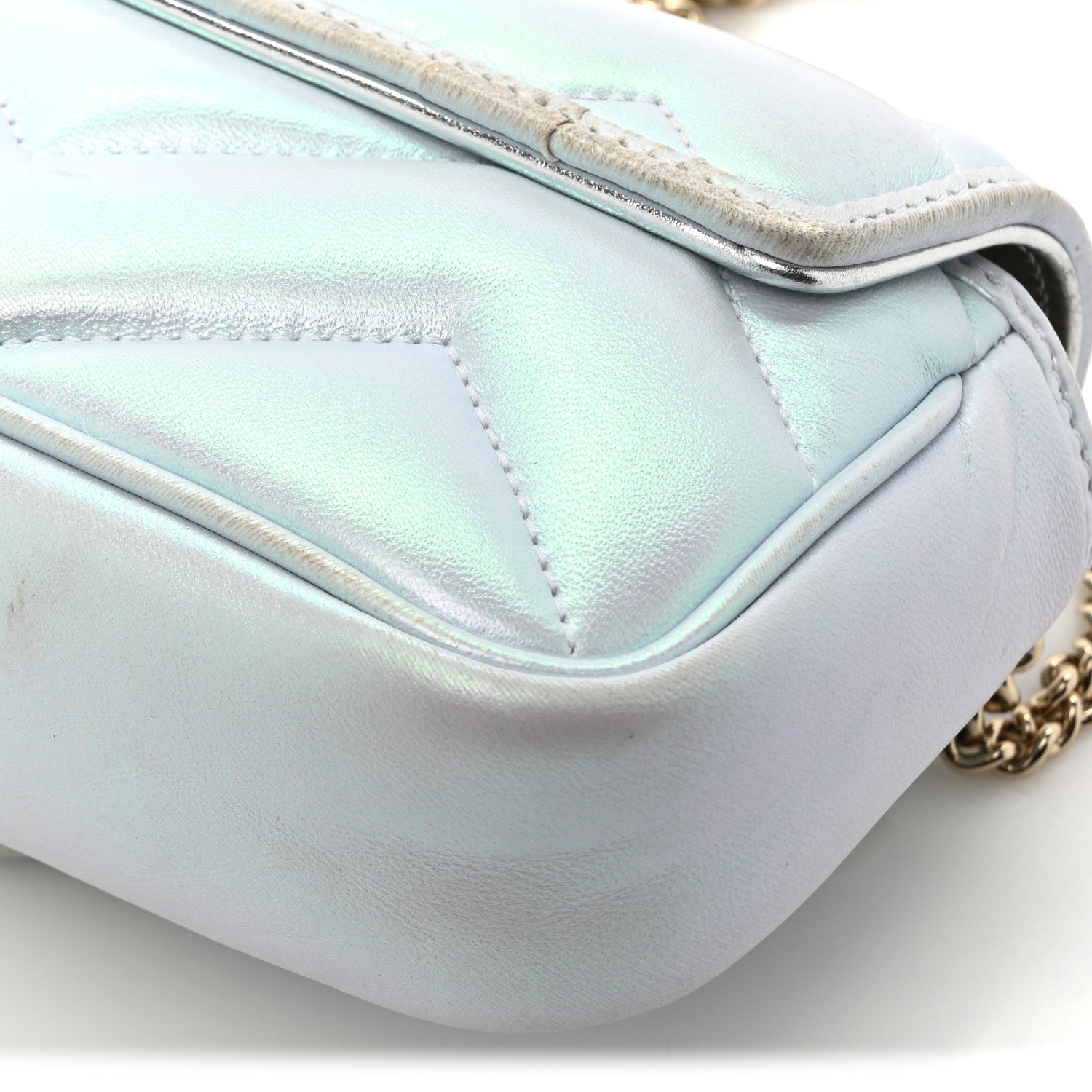 Iridescent Nappa Chevron Matelasse Super Mini GG Marmont Shoulder Bag Iridescent Snow Light Blue