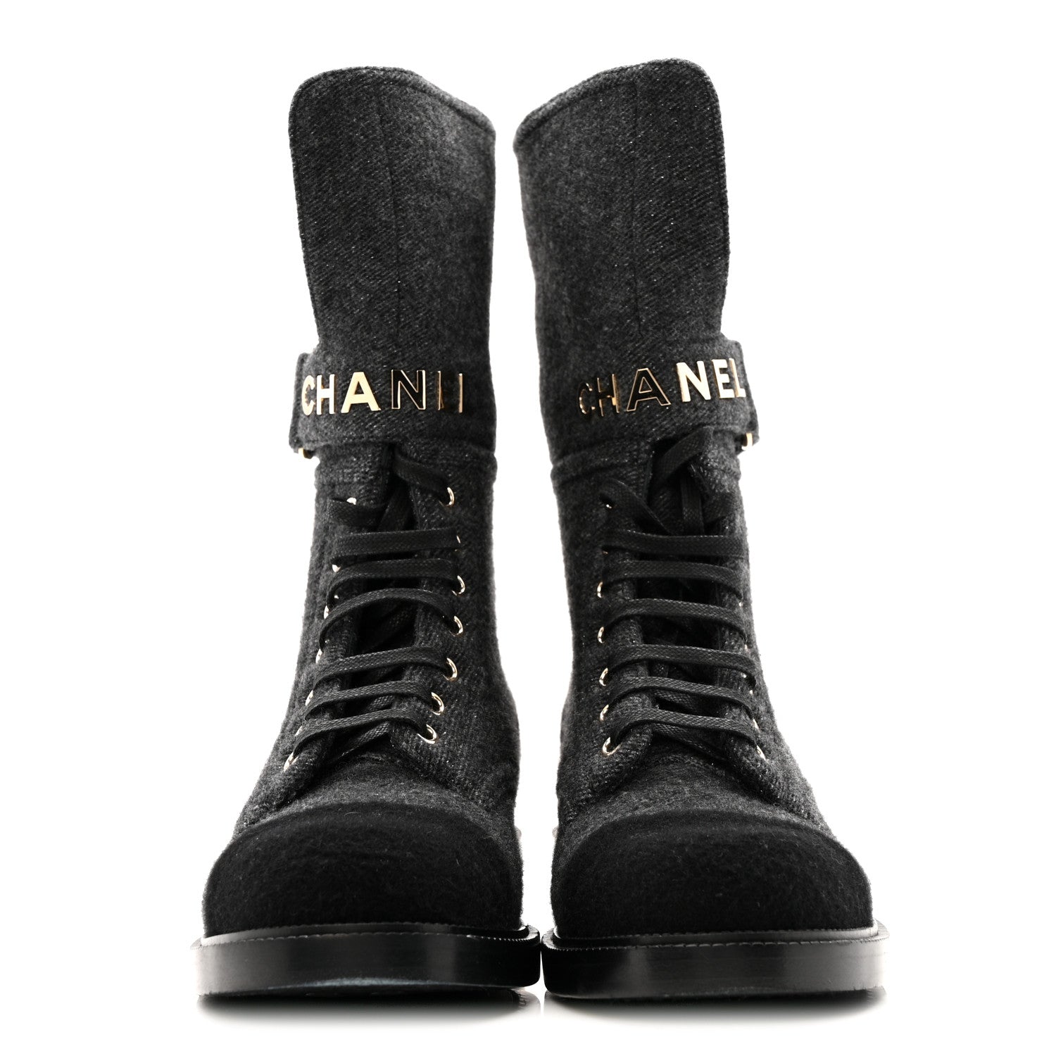 Tweed Lace Up Combat Boots 37.5 Dark Grey Black