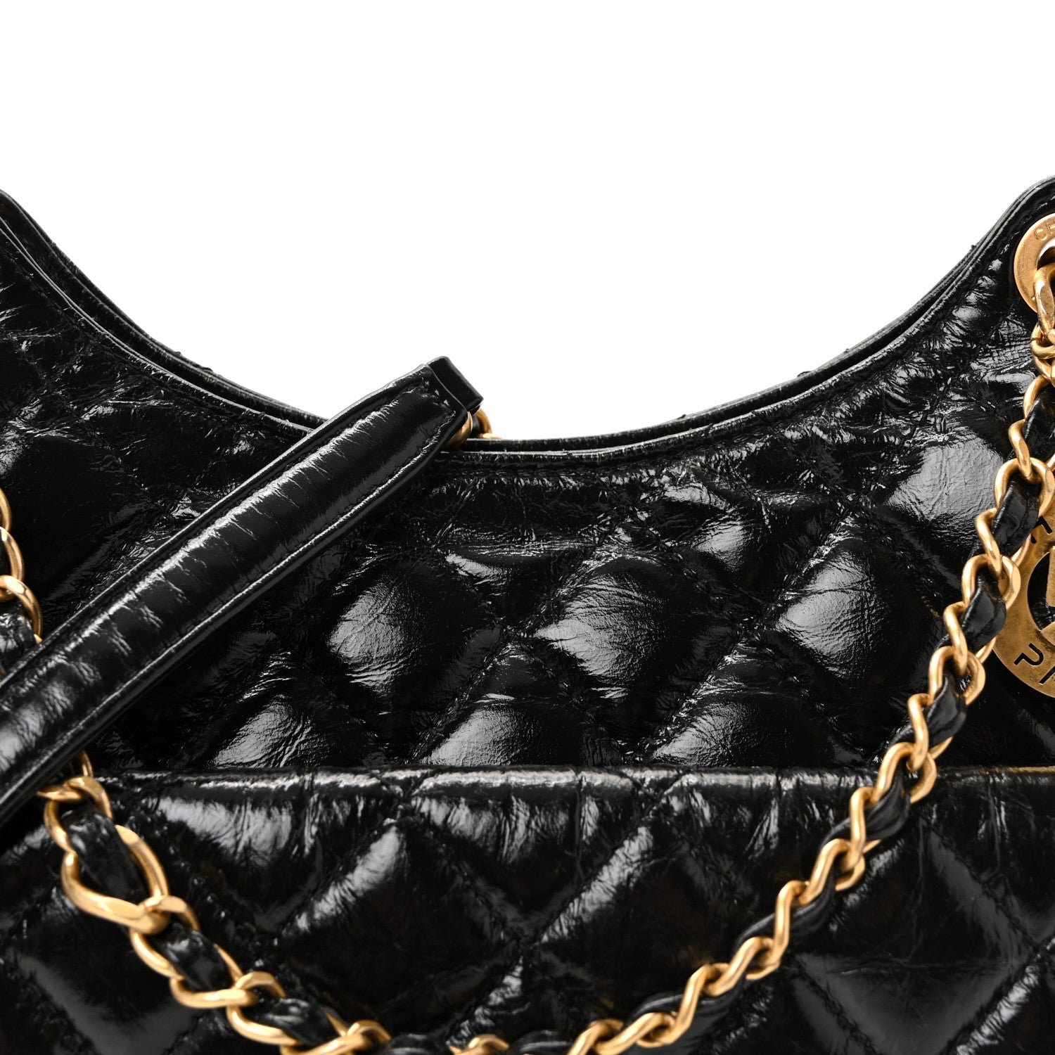 Shiny Crumpled Calfskin Quilted Wavy CC Hobo Black