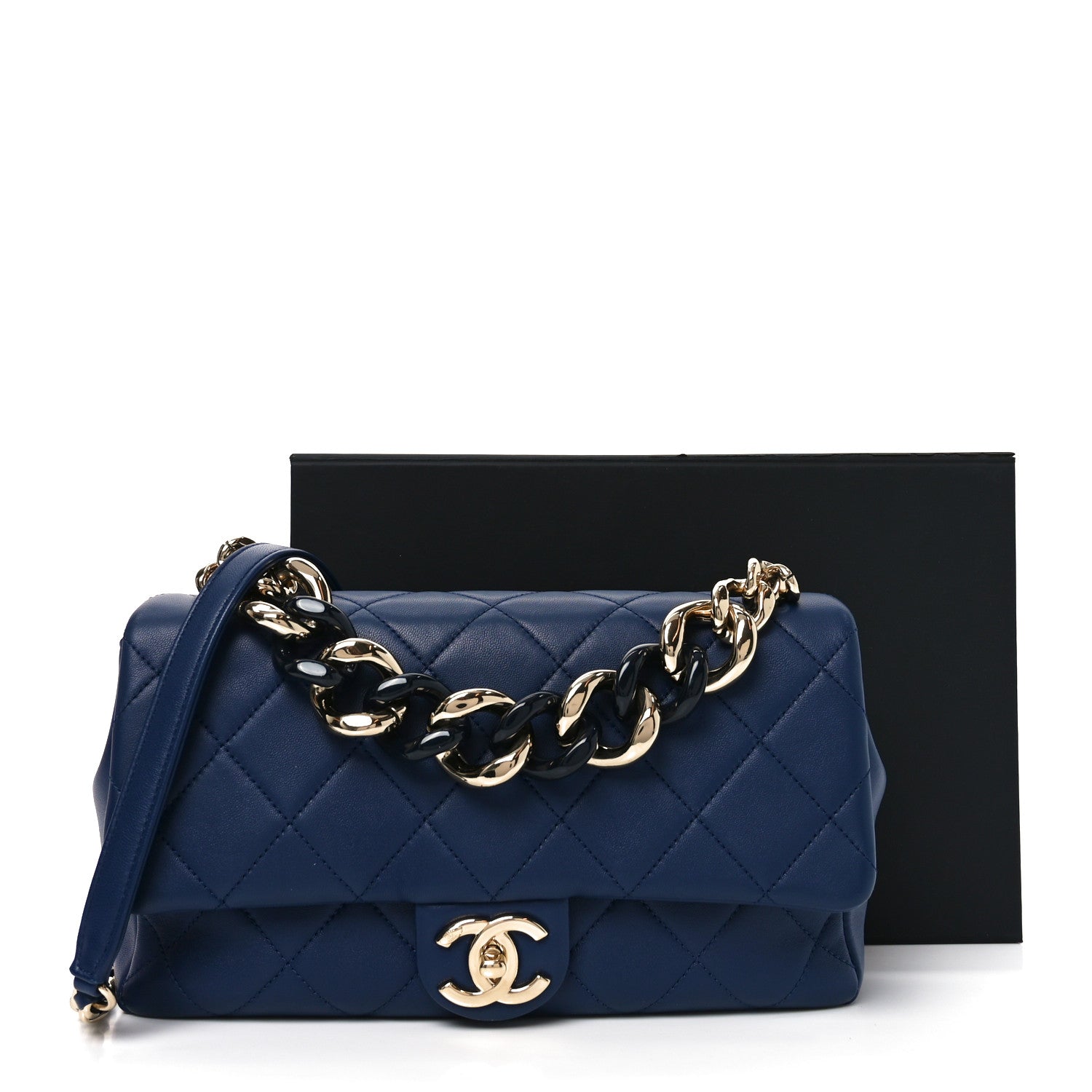 Lambskin Quilted Resin Bi-Color Chain Flap Bag Navy