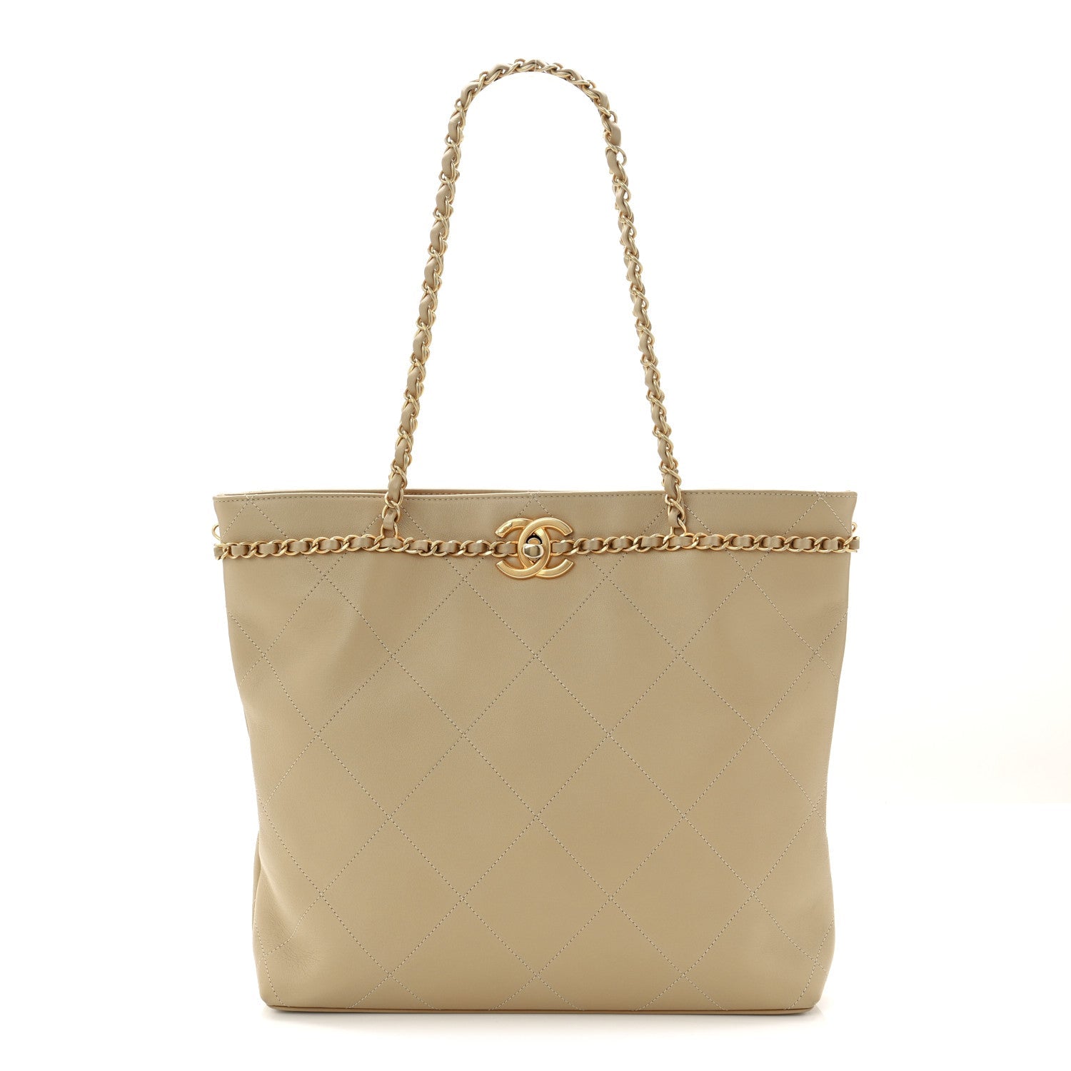 Calfskin Stitched Small Shopping Tote Dark Beige
